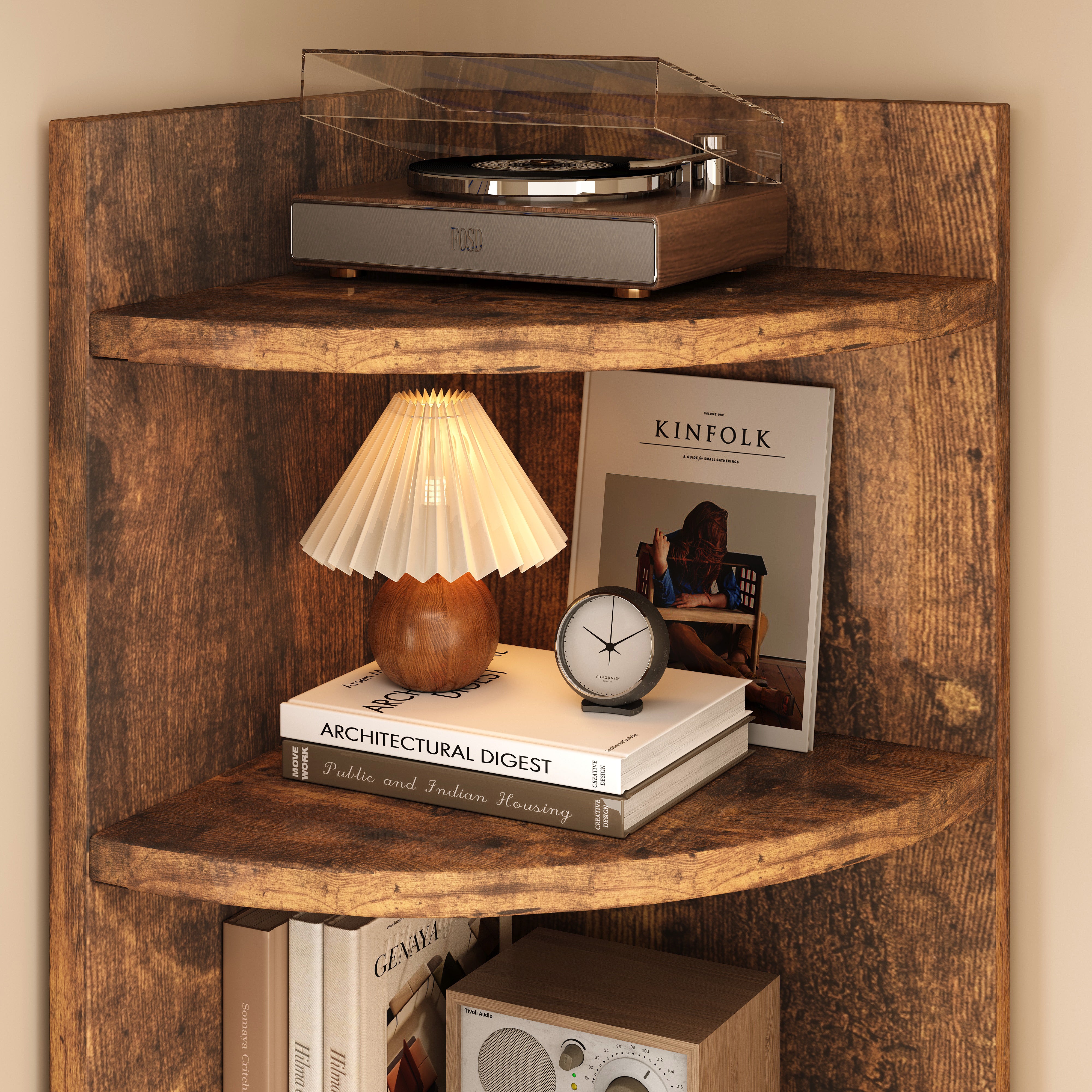 Inspire 6 Tier Large Stylish Rustic Wooden Corner Shelf Unit
