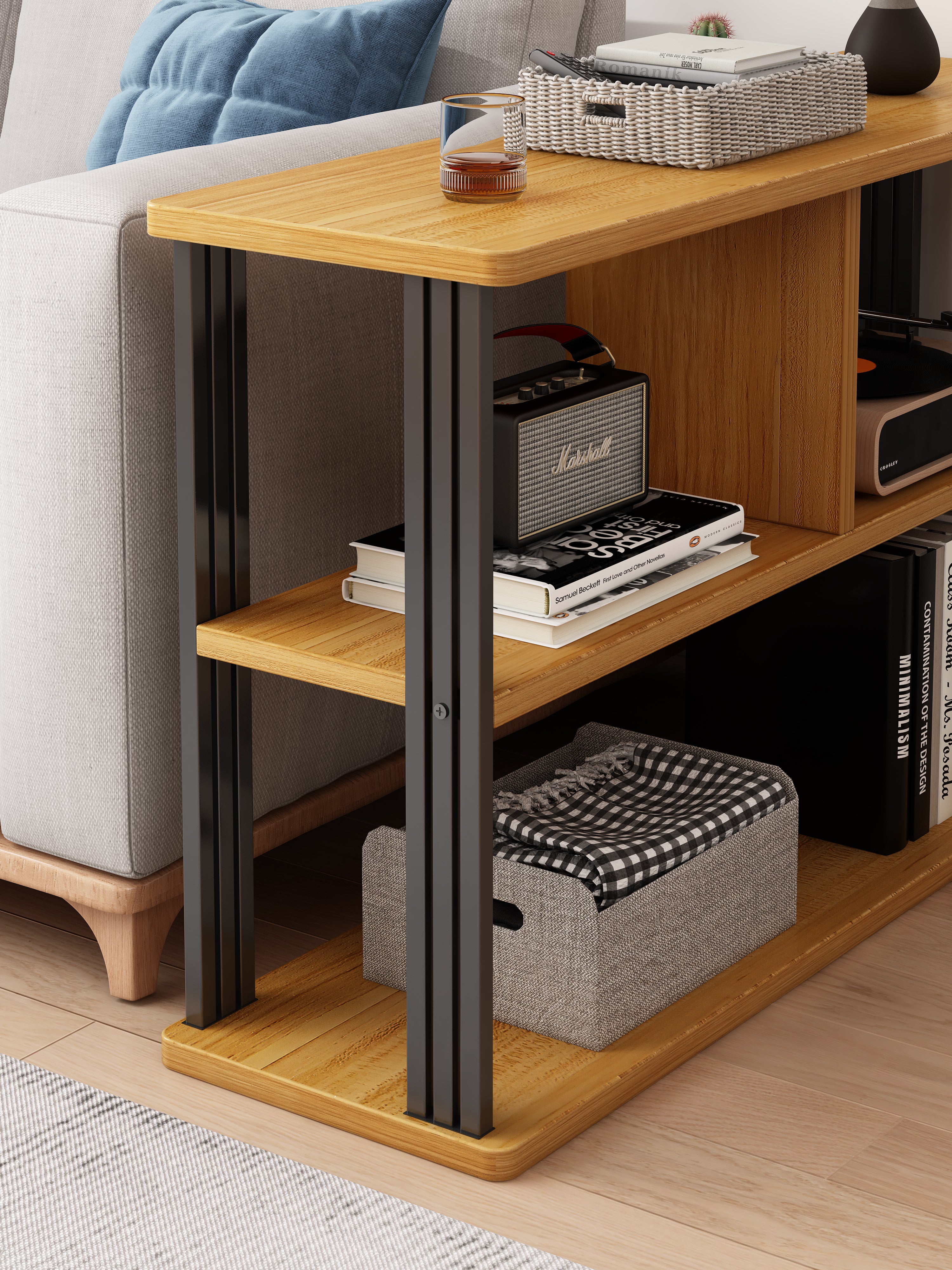 Icon Wood and Steel Sofa Side Table with Shelves (Honey Oak)