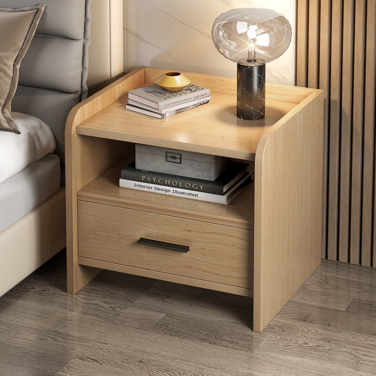 Serene Bedside Table Nightstand with Drawer (Oak)