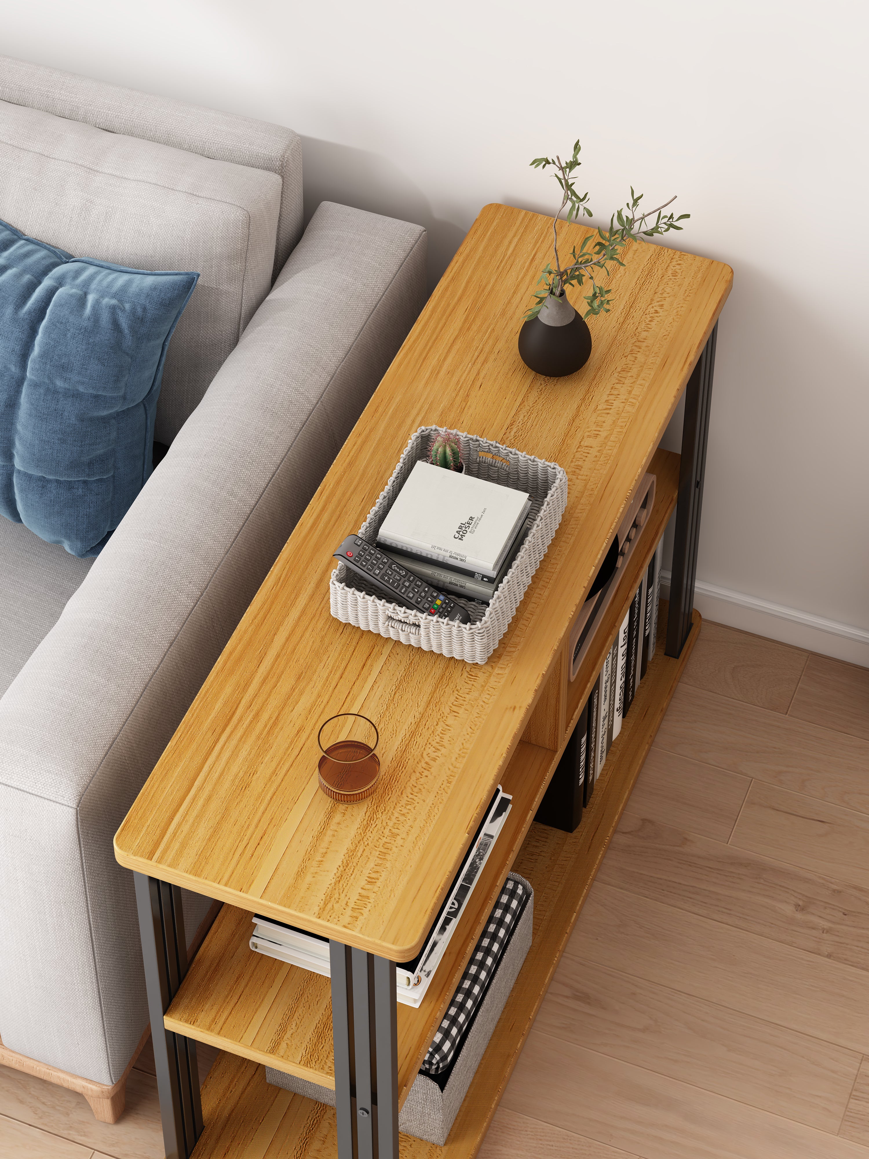 Icon Wood and Steel Sofa Side Table with Shelves (Honey Oak)