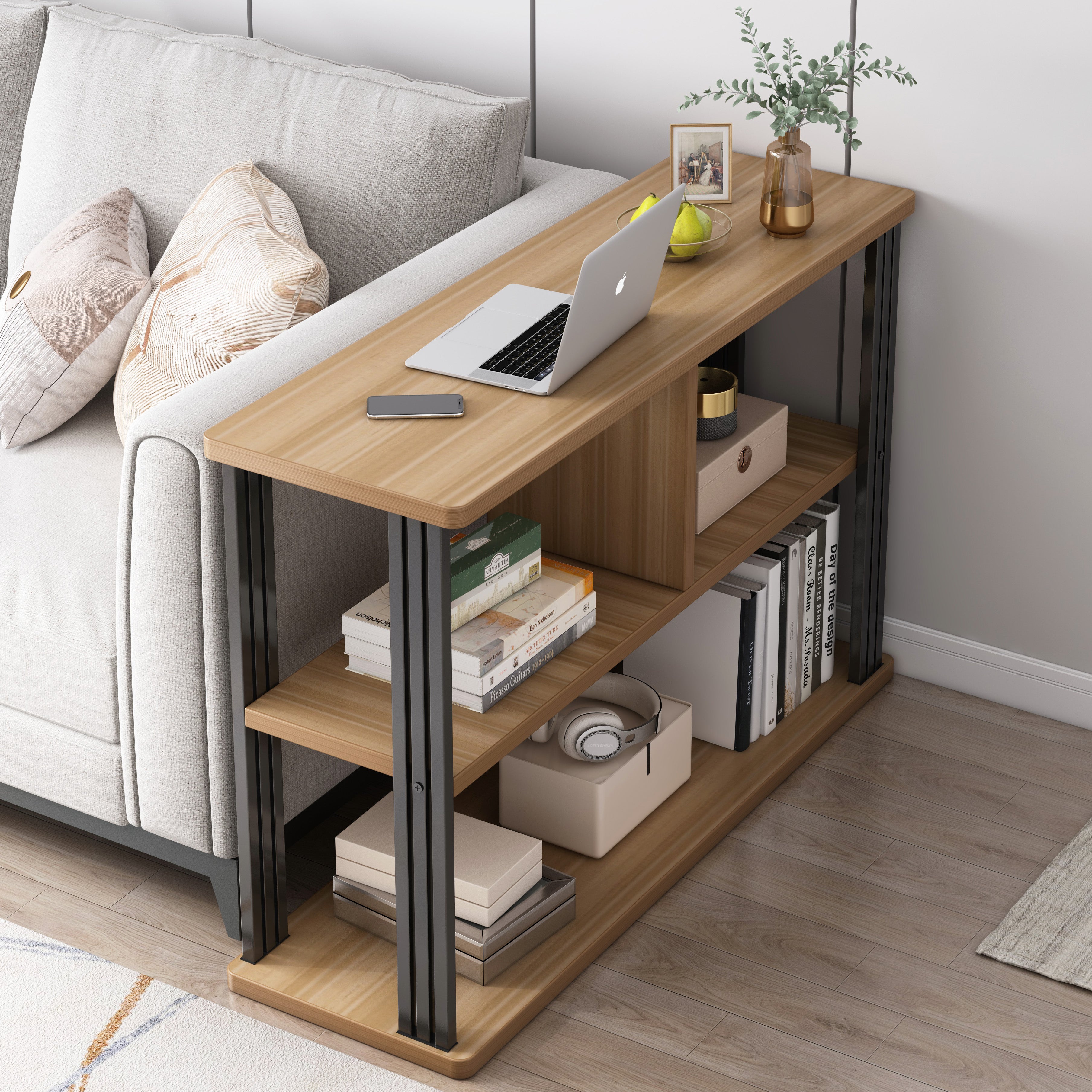 Icon Wood and Steel Sofa Side Table with Shelves (Oak)
