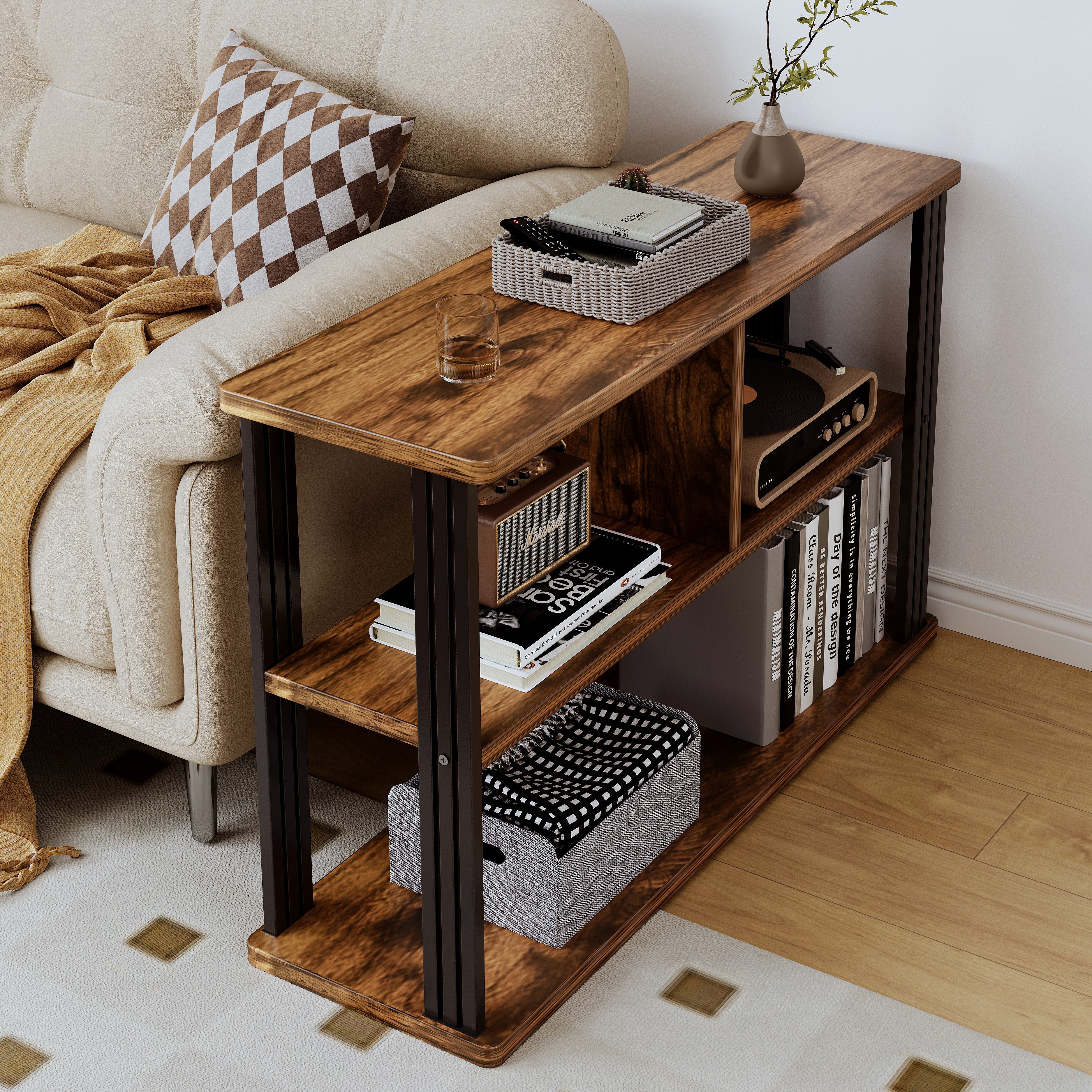 Icon Wood and Steel Sofa Side Table with Shelves (Rustic Wood)