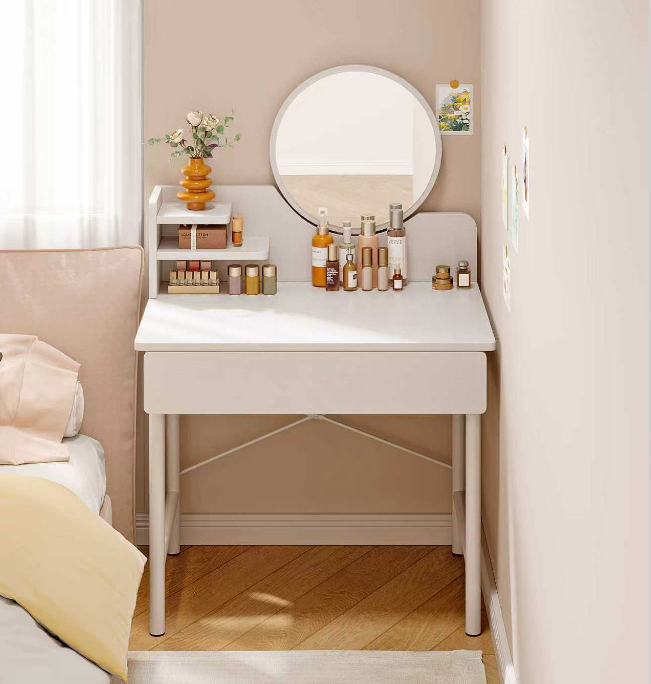 Luxe Dresser Makeup Vanity Dressing Table with Round Mirror Drawer White