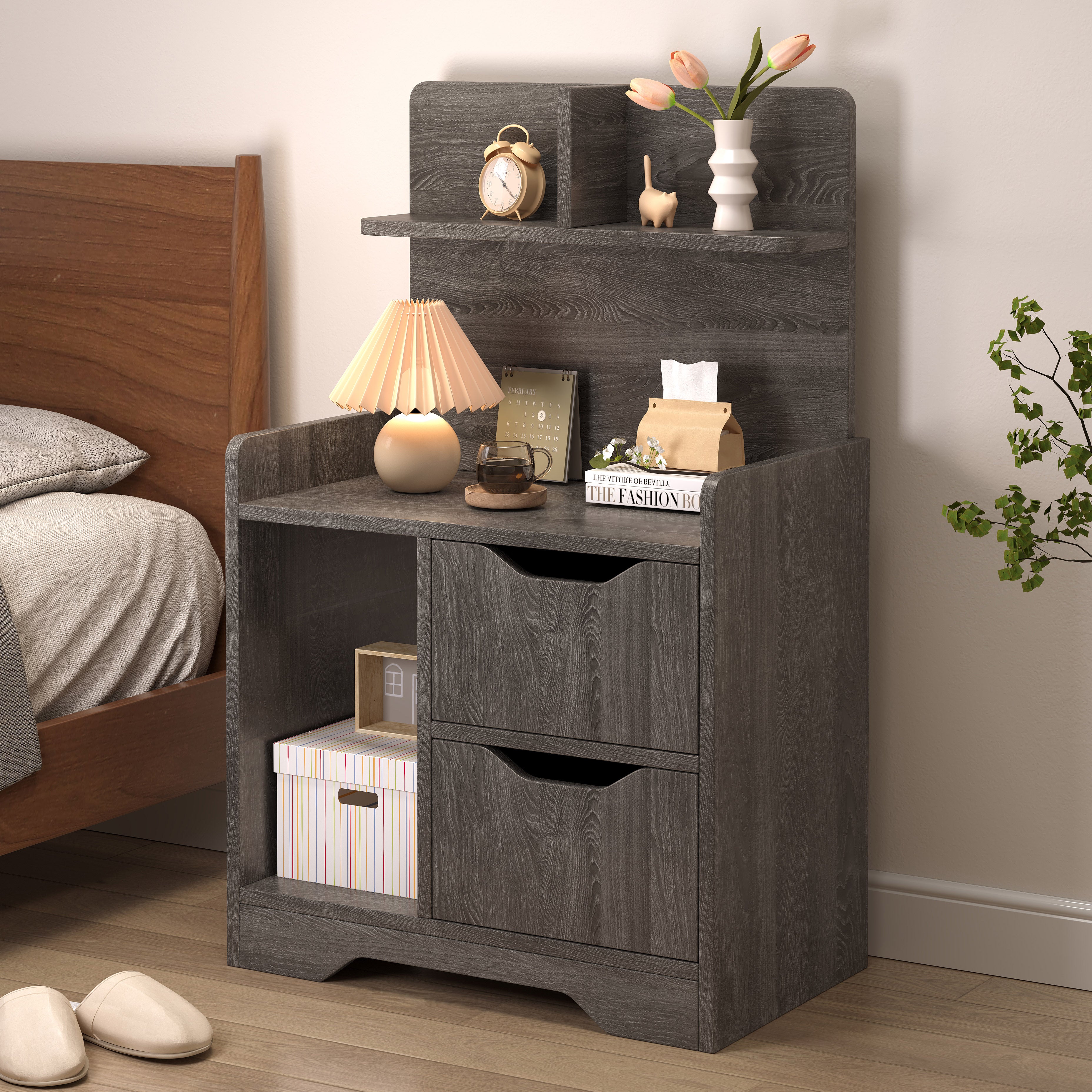 Harmony Tall Bed Side Table with Chest of Drawers and Shelf (Driftwood Grey)