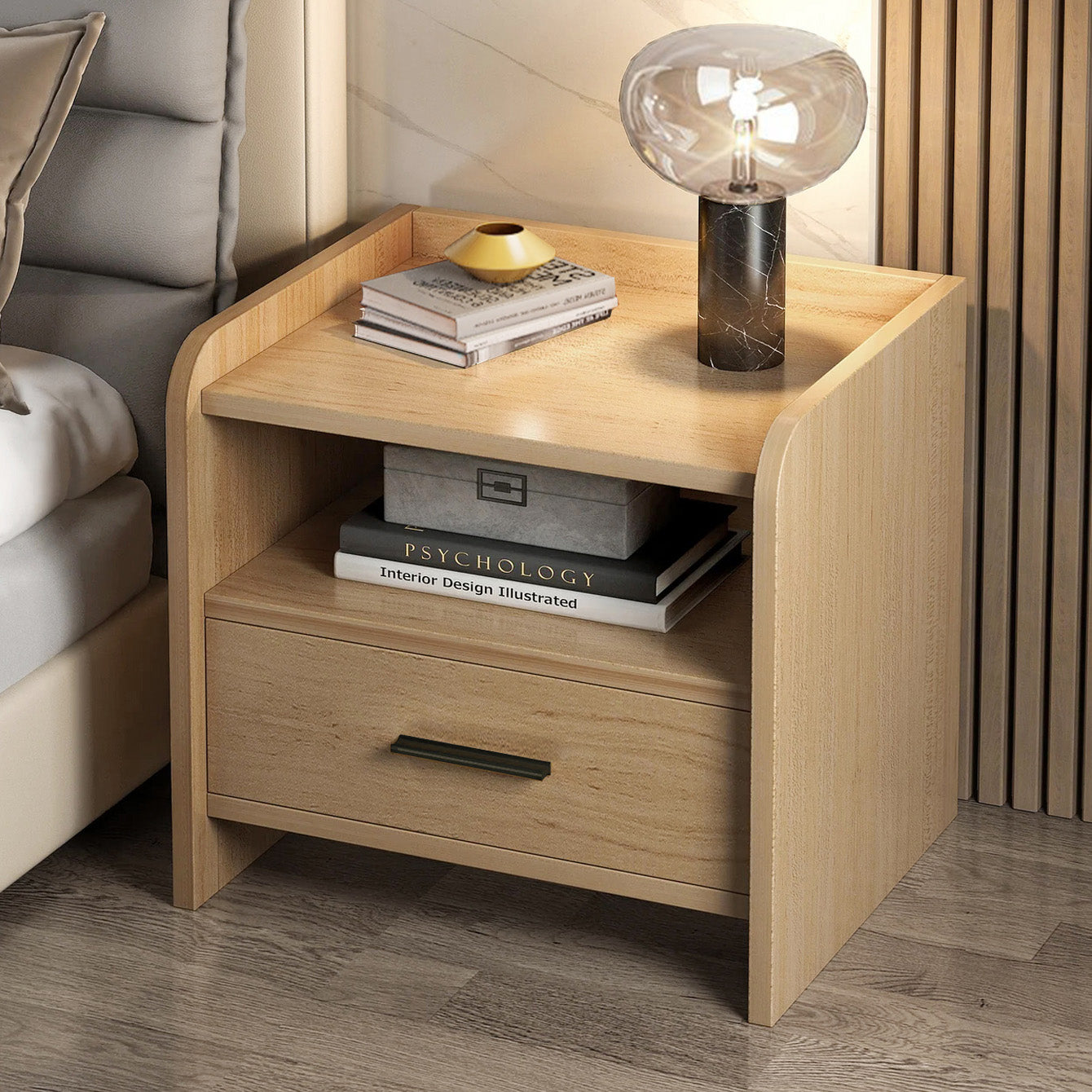 Serene Bedside Table Nightstand with Drawer (Oak)