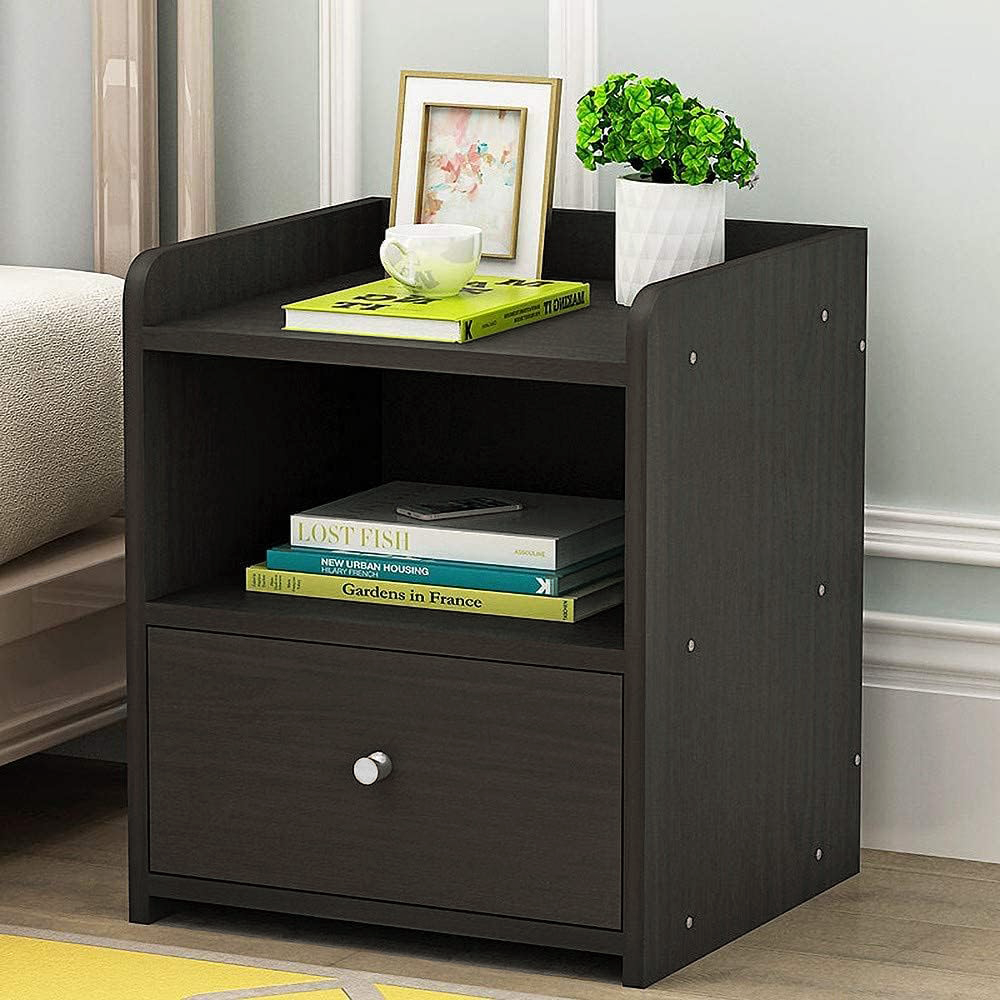 2 x Varossa Classic Bedside Table with Drawer (Black Wood) - grandhubs.shop
