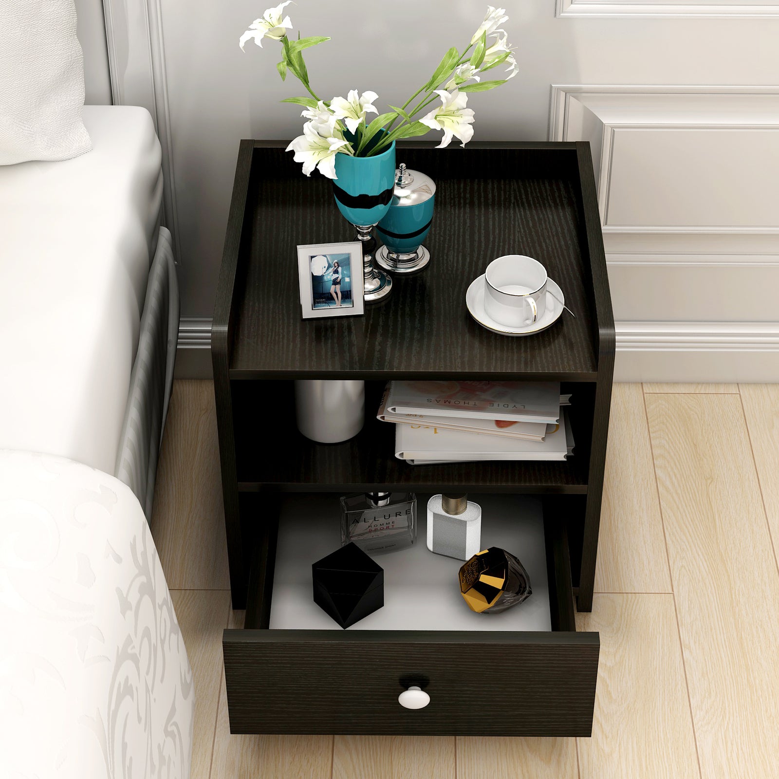 2 x Varossa Classic Bedside Table with Drawer (Black Wood) - grandhubs.shop