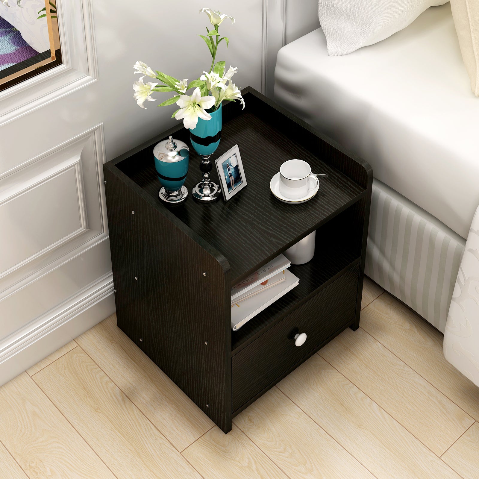 2 x Varossa Classic Bedside Table with Drawer (Black Wood) - grandhubs.shop
