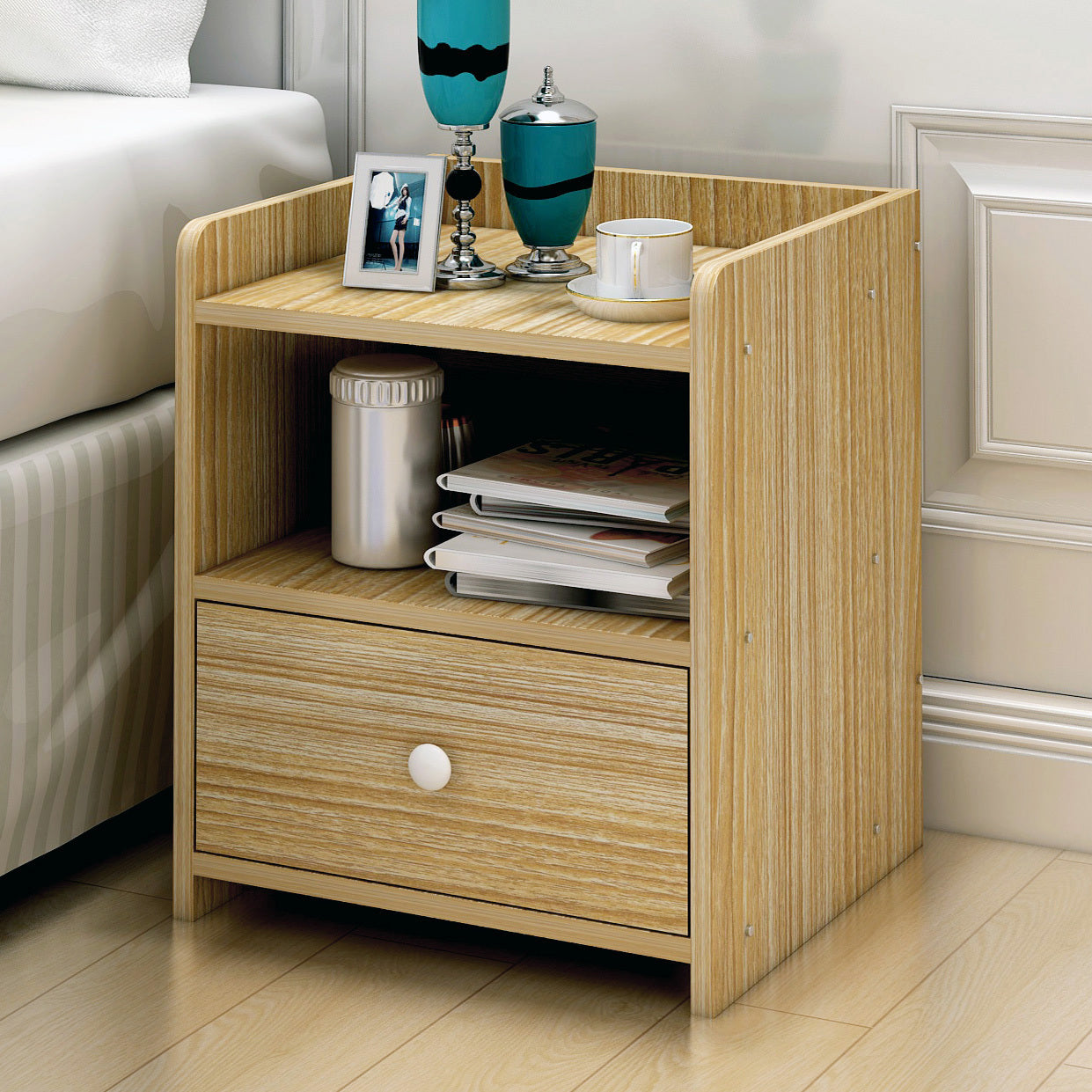 2 x Varossa Classic Bedside Table with Drawer (Oak) - grandhubs.shop
