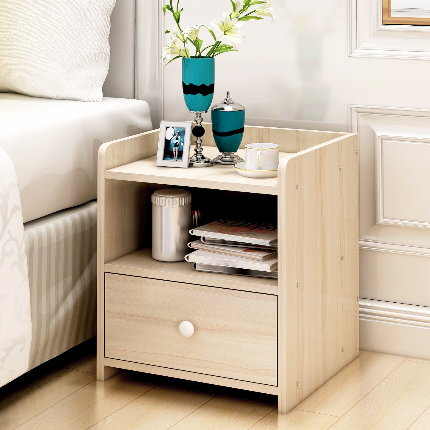 2 x Varossa Classic Bedside Table with Drawer (White Oak) - grandhubs.shop