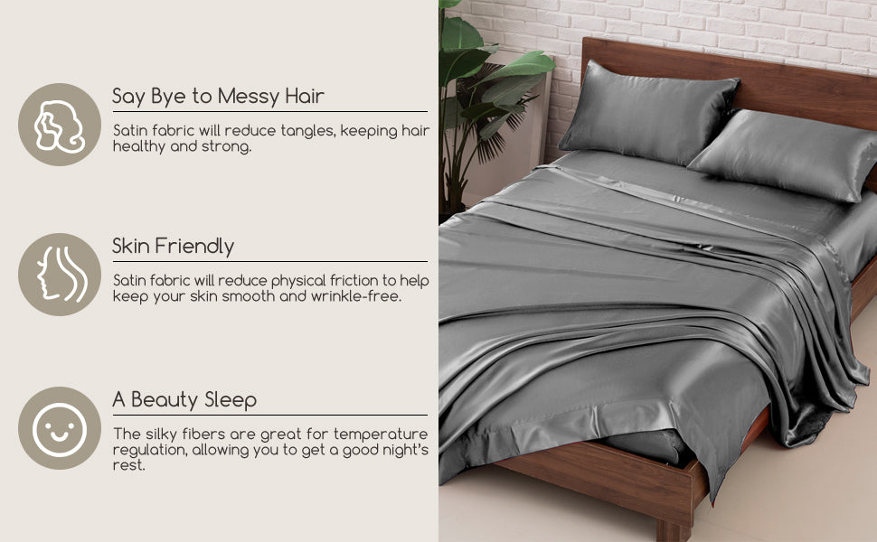 2 x Luxury Silk Satin Bedding Pillowcases Pillow Cases (Grey) - grandhubs.shop