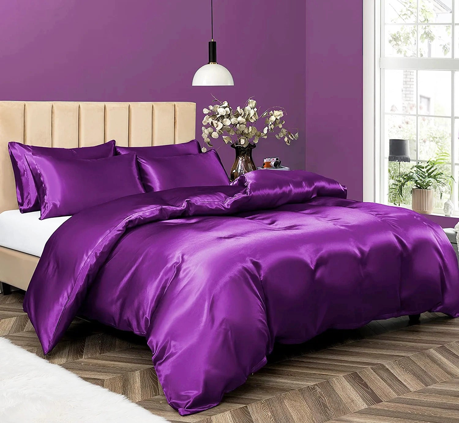 2 x Luxury Silk Satin Bedding Pillowcases Pillow Cases (Purple) - grandhubs.shop