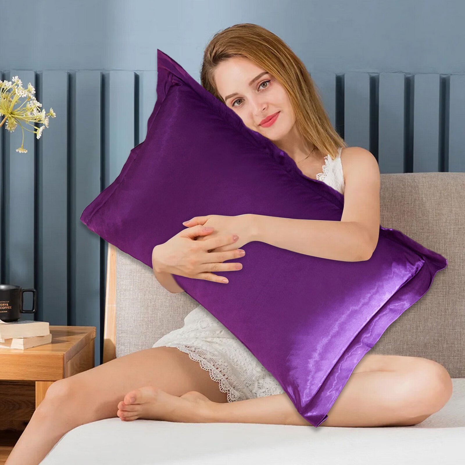 2 x Luxury Silk Satin Bedding Pillowcases Pillow Cases (Purple) - grandhubs.shop
