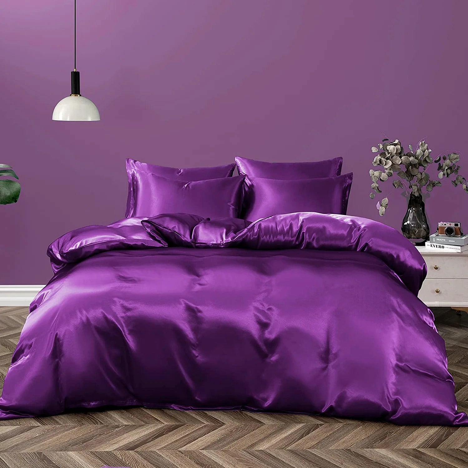 2 x Luxury Silk Satin Bedding Pillowcases Pillow Cases (Purple) - grandhubs.shop