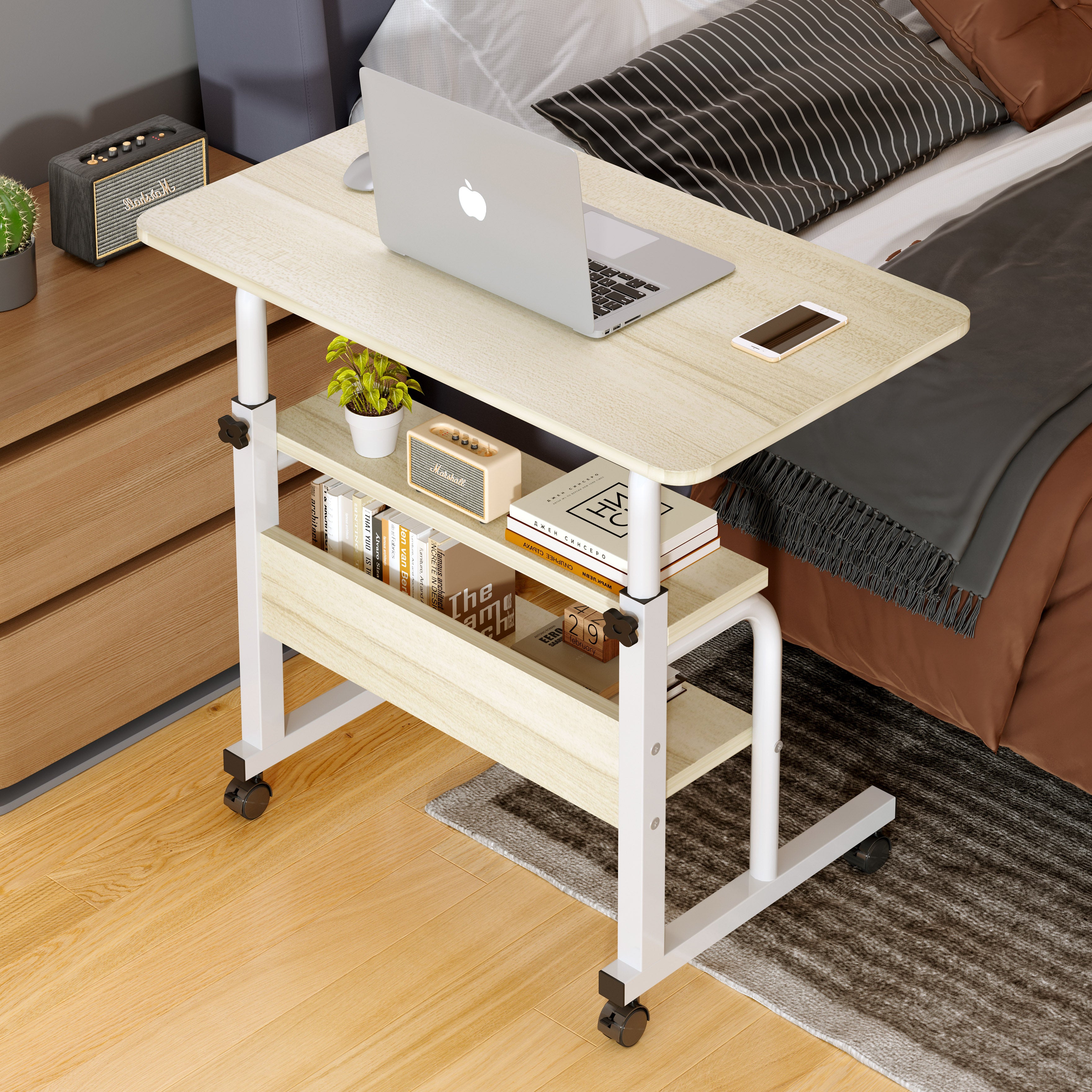 Calibre 2-tier Sofa Bed Side Table Laptop Desk with Shelves and Wheels (White)