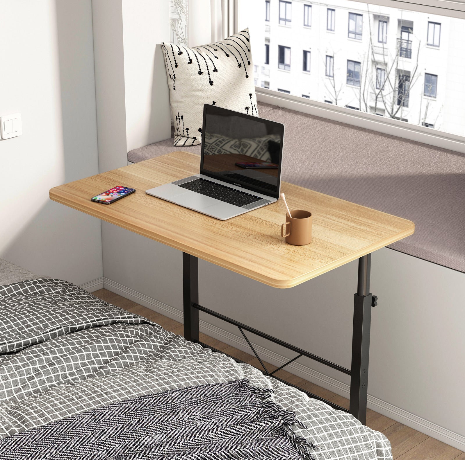 Adjustable Portable Rustic Oak Sofa Bed Side Table Laptop Desk with Wheels