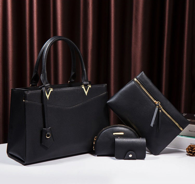 4 PCS Deluxe Faux Leather Handbag Set, Tote, Shoulder Bag, Clutch Purse Wallet & Coin Bag (Black) - grandhubs.shop