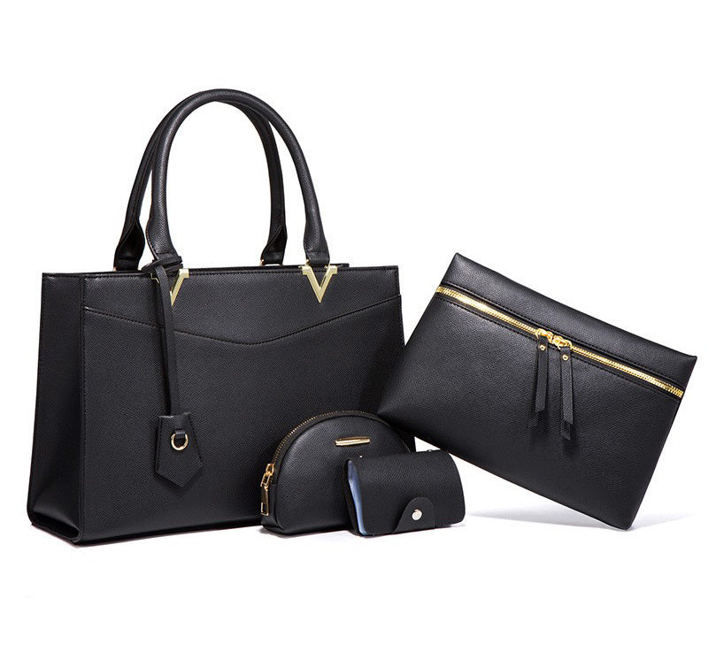 4 PCS Deluxe Faux Leather Handbag Set, Tote, Shoulder Bag, Clutch Purse Wallet & Coin Bag (Black) - grandhubs.shop