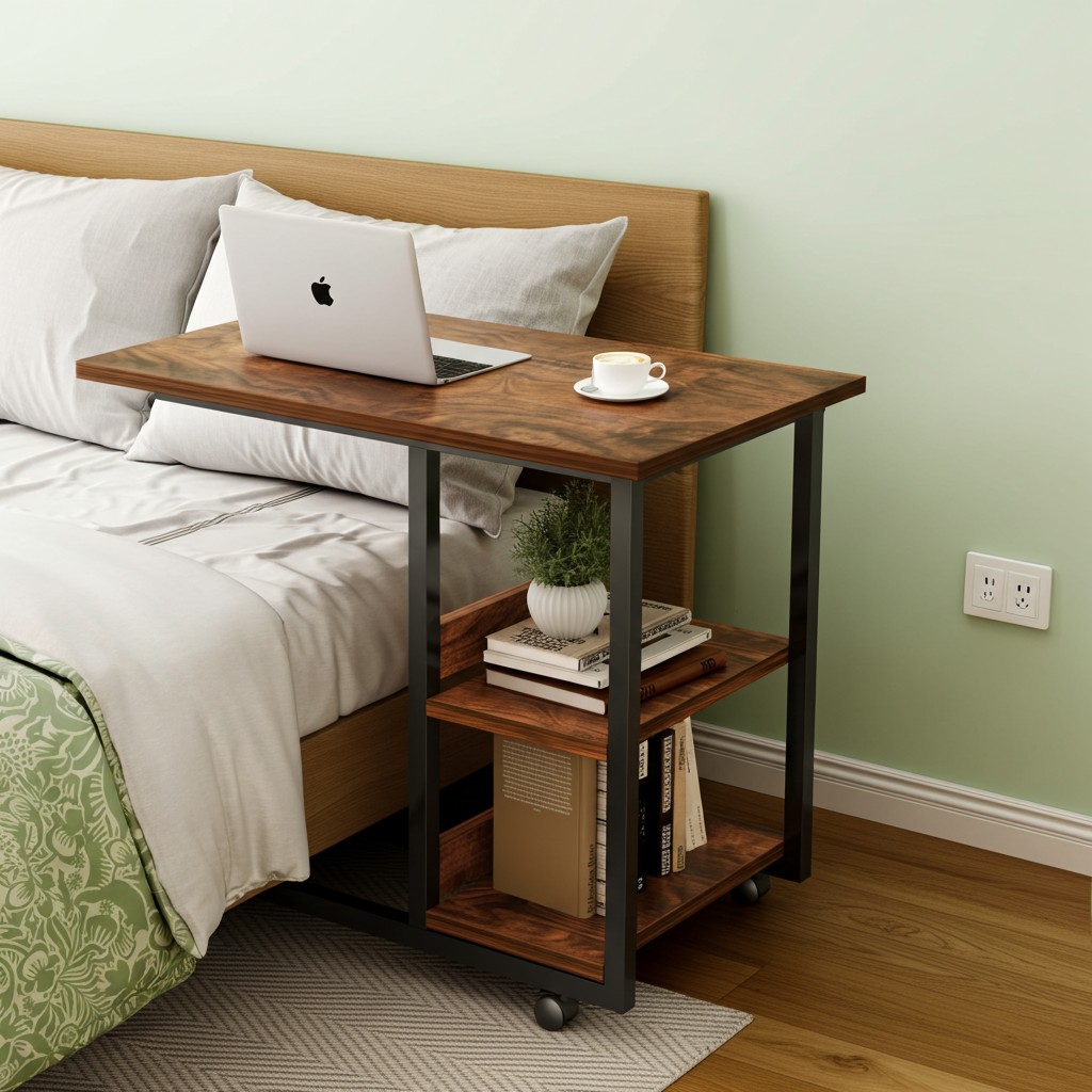 Supreme Sofa Bed Side Table Laptop Desk with Shelves & Wheels (Rustic Wood)