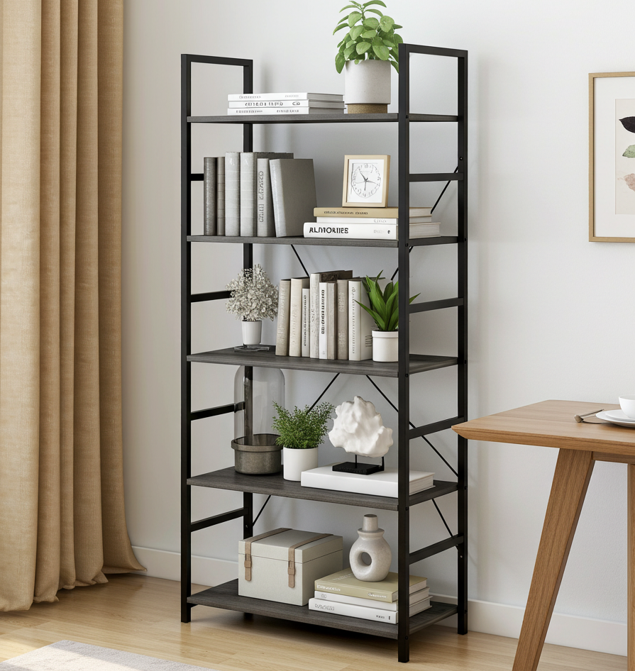 5 Tier Multifunction Heavy Duty Bookcase Wood & Steel Storage Shelf Organizer (Driftwood Grey)