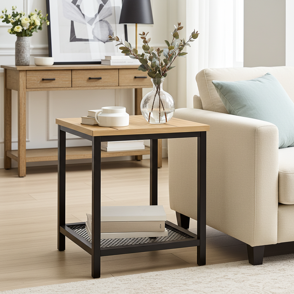 Loft Rustic Oak Industrial Wood & Steel Side Table with Storage Shelf