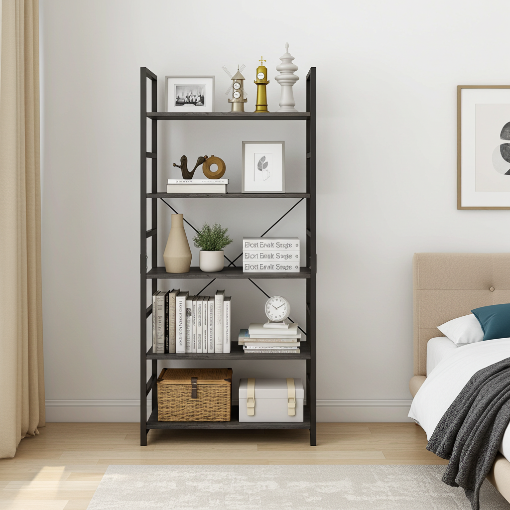 5 Tier Multifunction Heavy Duty Bookcase Wood & Steel Storage Shelf Organizer (Driftwood Grey)