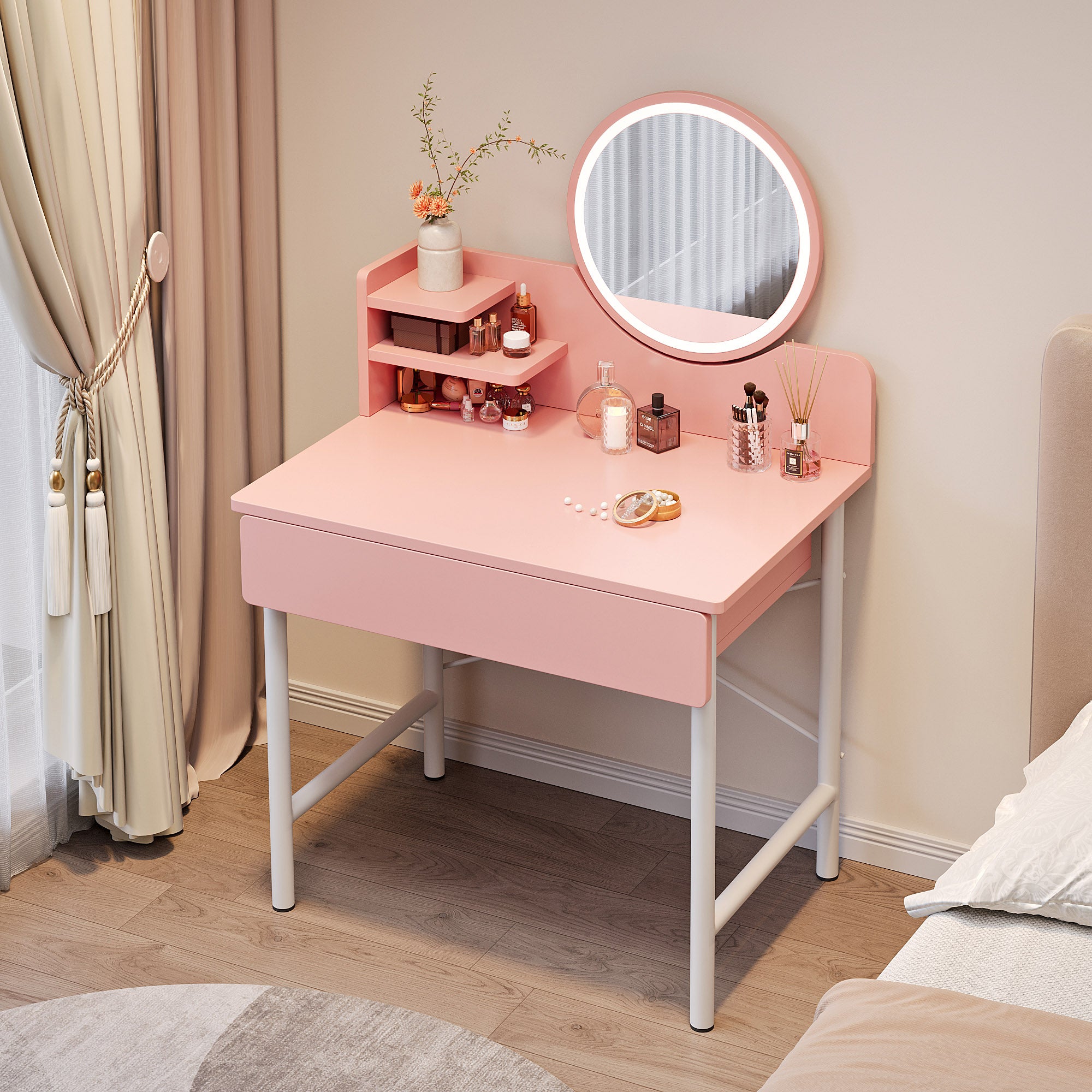 LED Luminous Mirror Makeup Vanity Dressing Table Pink Dresser with Drawer Storage