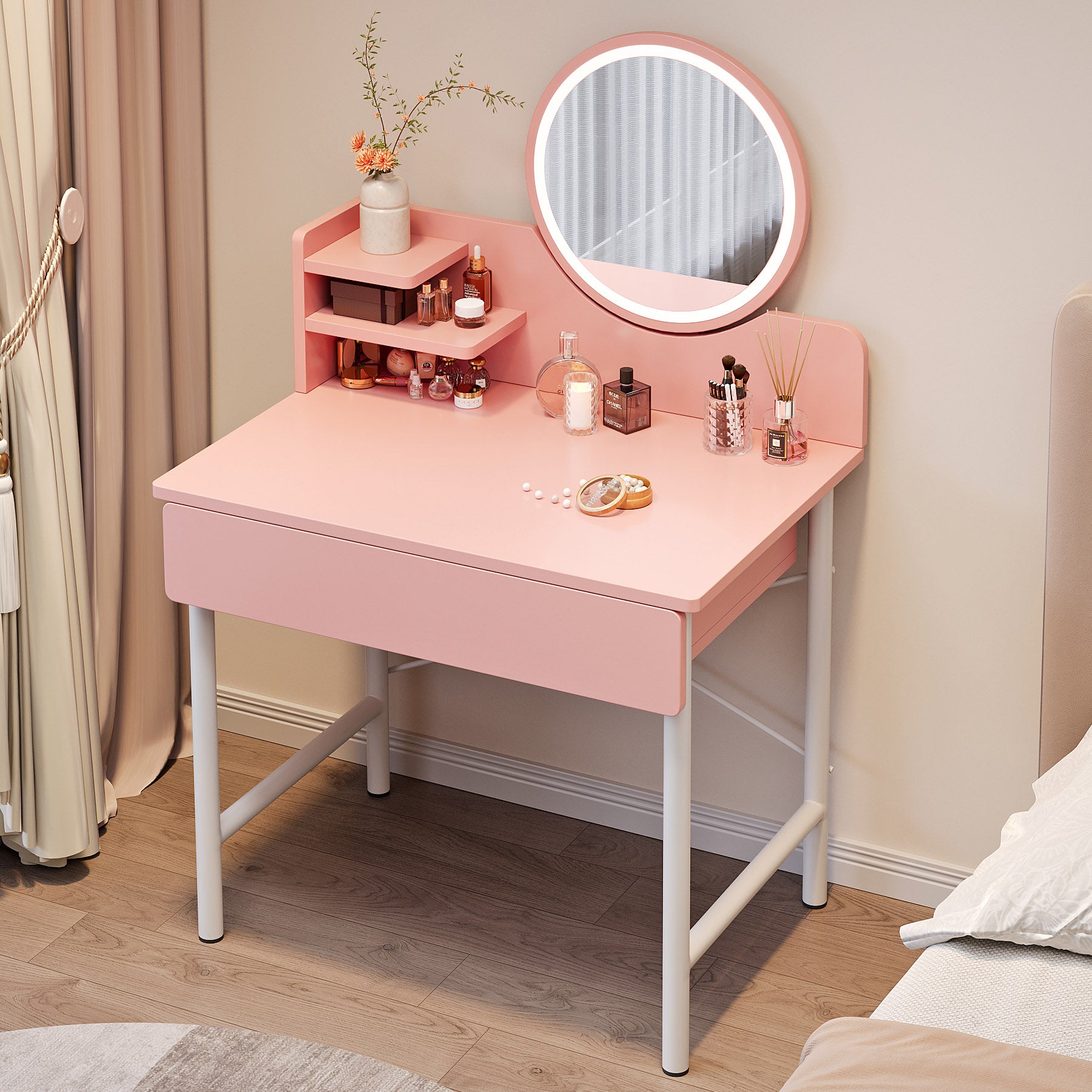 LED Luminous Mirror Makeup Vanity Dressing Table Pink Dresser with Drawer Storage