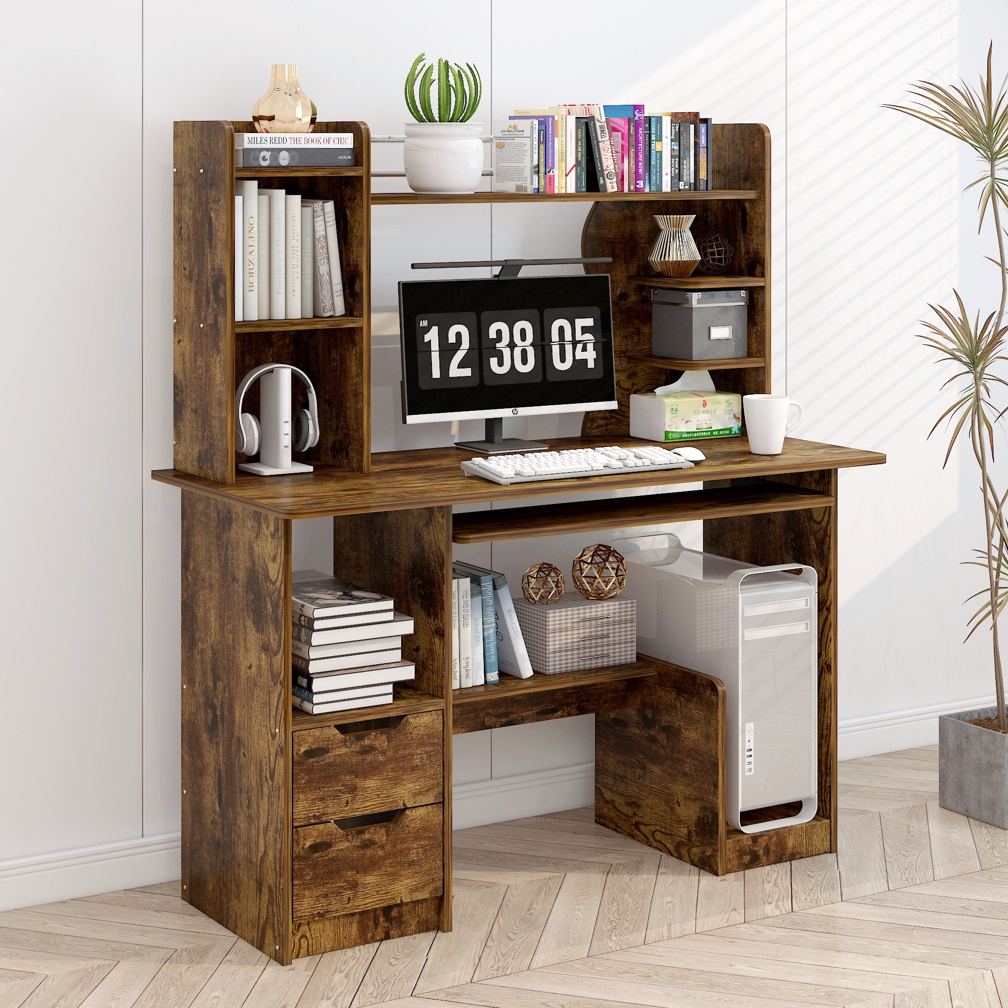 Expert Computer Desk Workstation with Shelf & Cabinet (Rustic Wood)