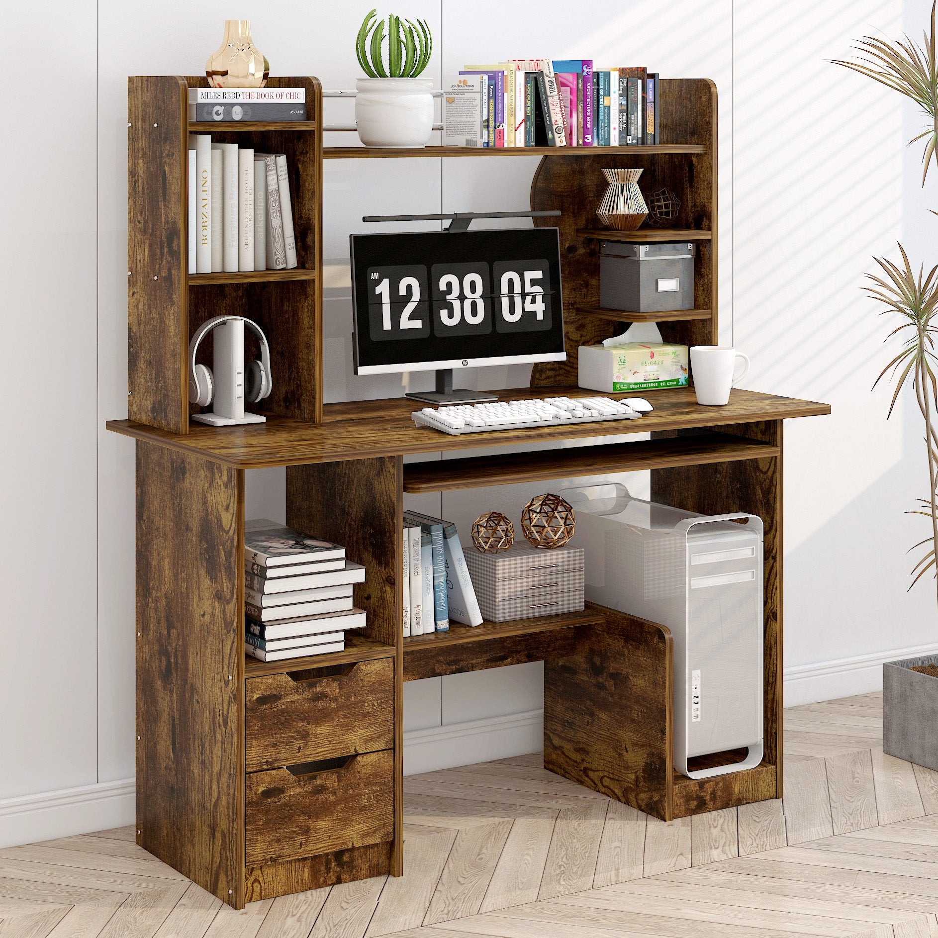 Expert Computer Desk Workstation with Shelf & Cabinet (Rustic Wood)