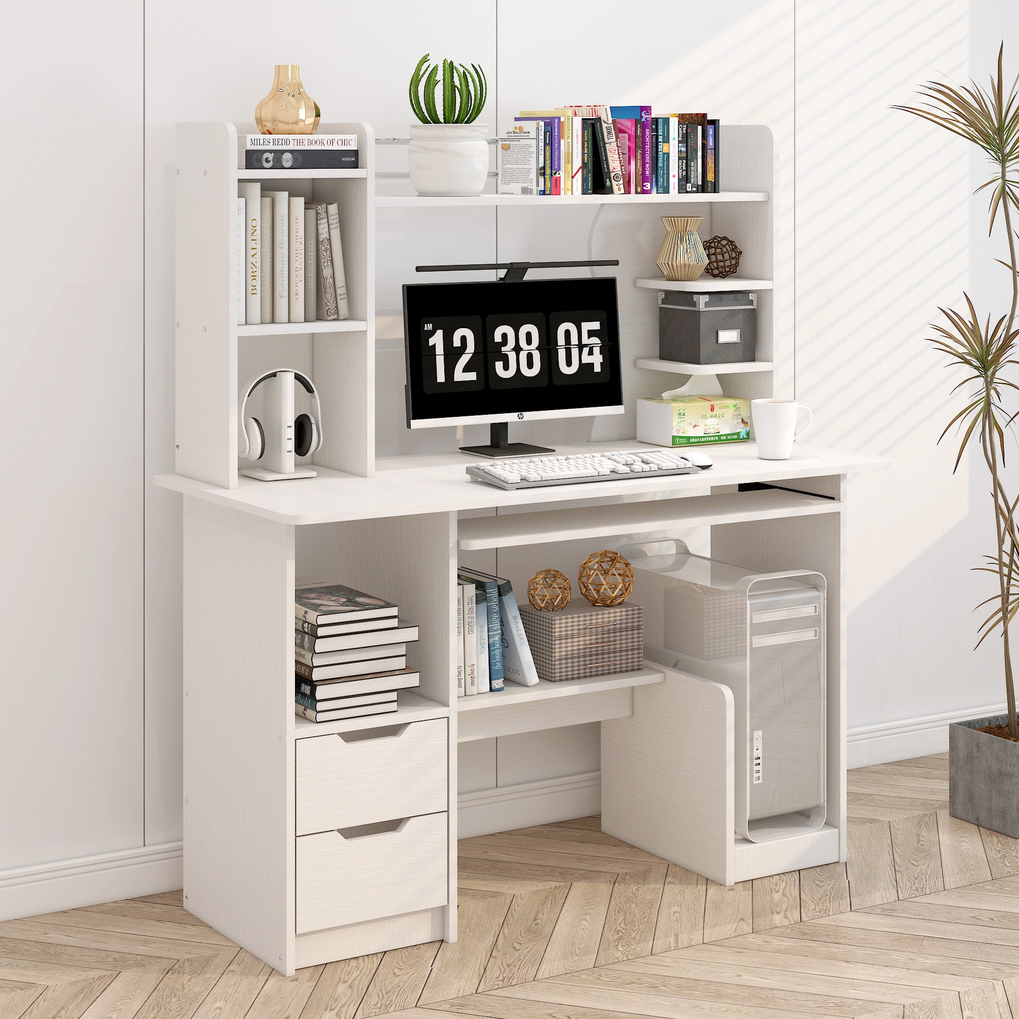 Expert Computer Desk Workstation with Shelf & Cabinet (White)