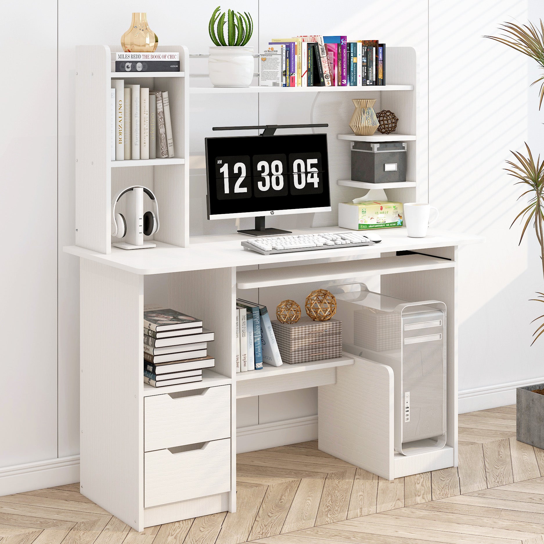 Expert Computer Desk Workstation with Shelf & Cabinet (White)