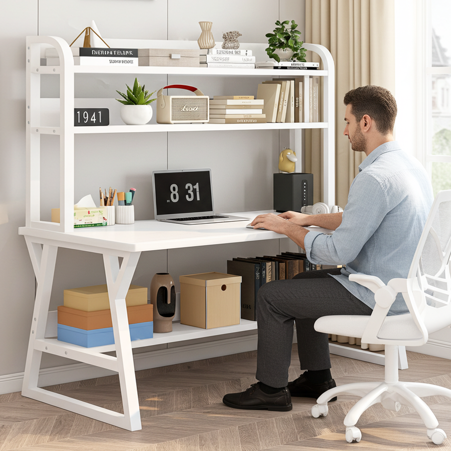 Aspire Large Industrial Office Computer Desk Workstation with Bookshelf (White)