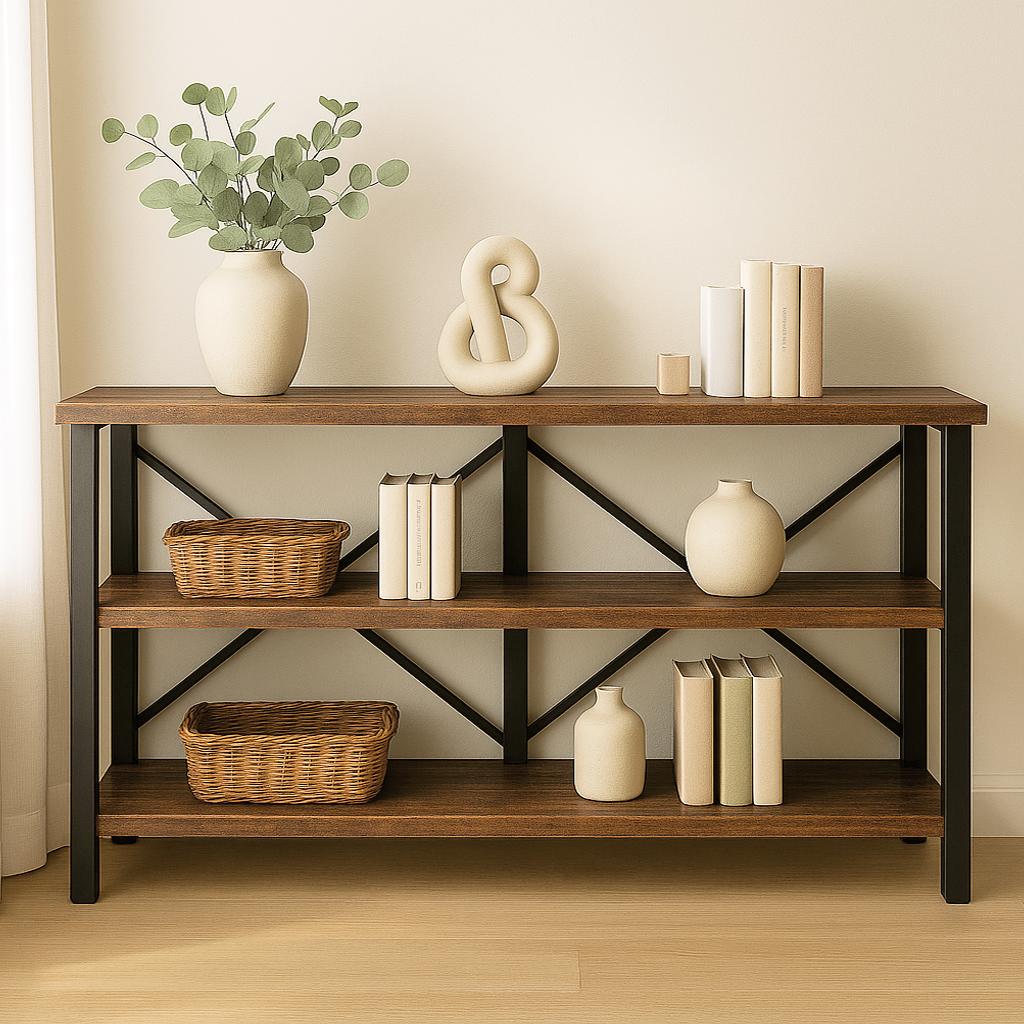 Serenity Rustic Industrial Console Table Bookcase TV Stand Storage Shelf Unit