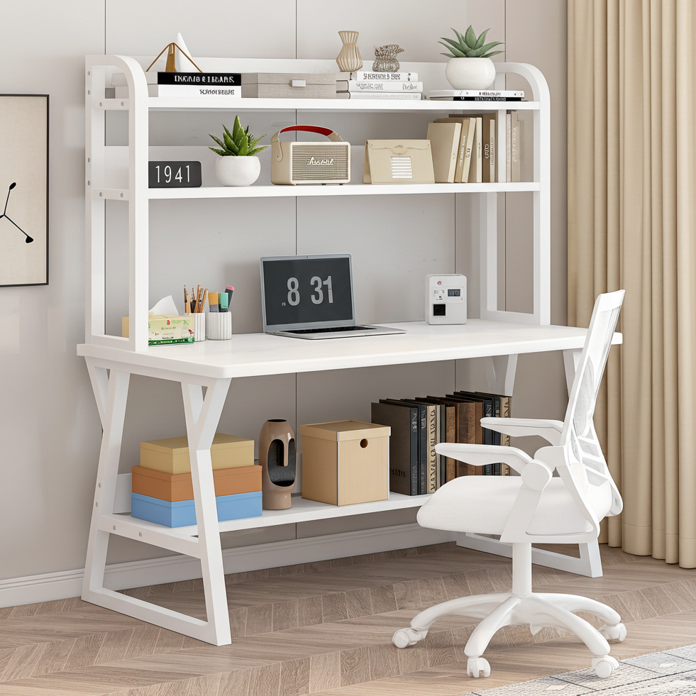 Aspire Large Industrial Office Computer Desk Workstation with Bookshelf (White)