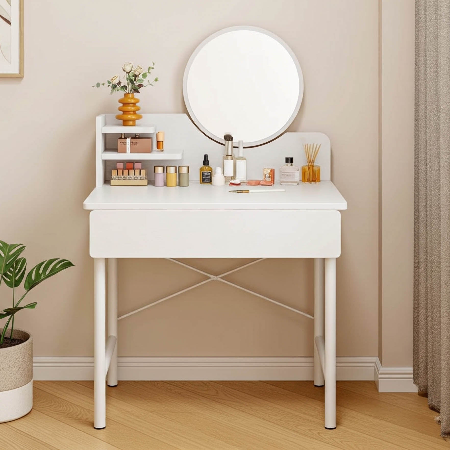 Luxe Dresser Makeup Vanity Dressing Table with Round Mirror Drawer White