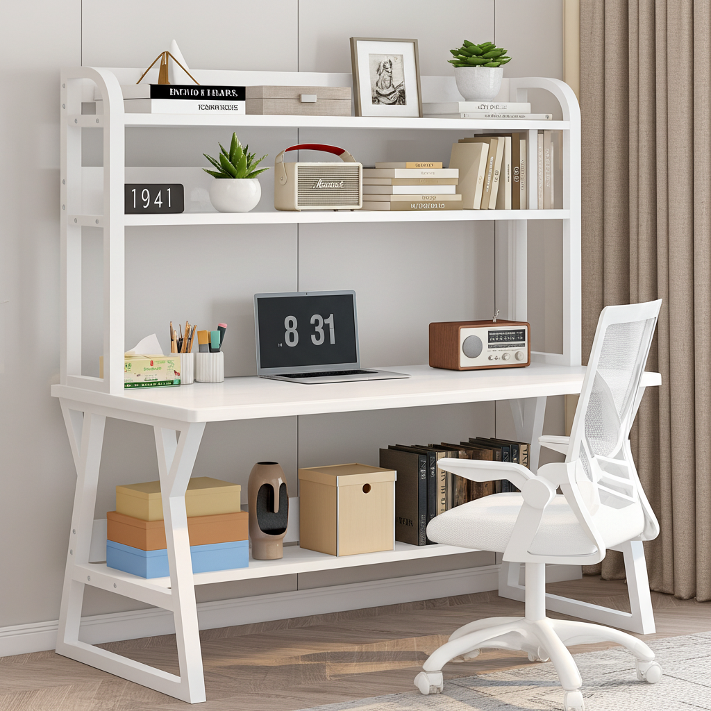 Aspire Large Industrial Office Computer Desk Workstation with Bookshelf (White)