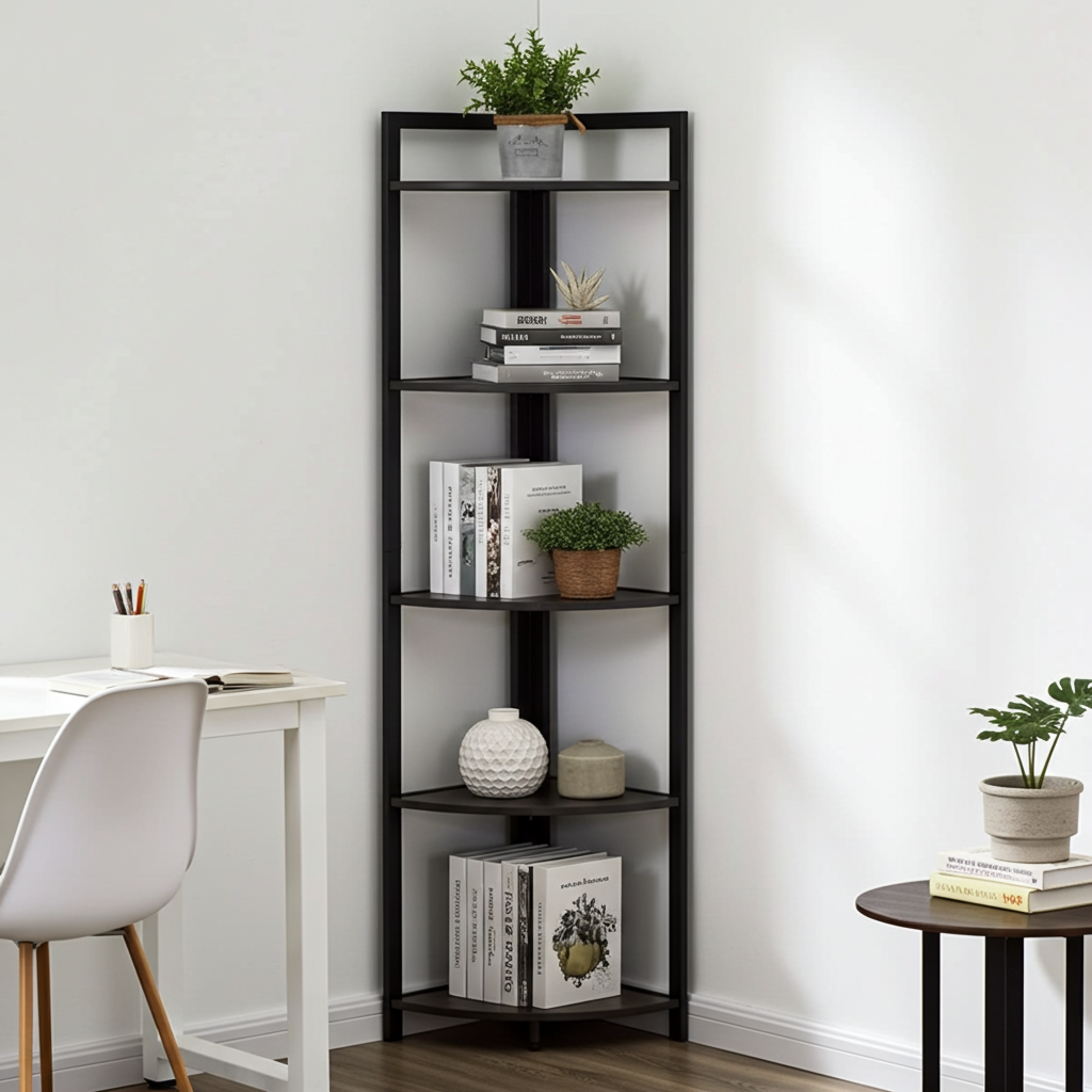 Optima 5 Tier Wood & Steel Corner Shelf Organizer Unit (Black)