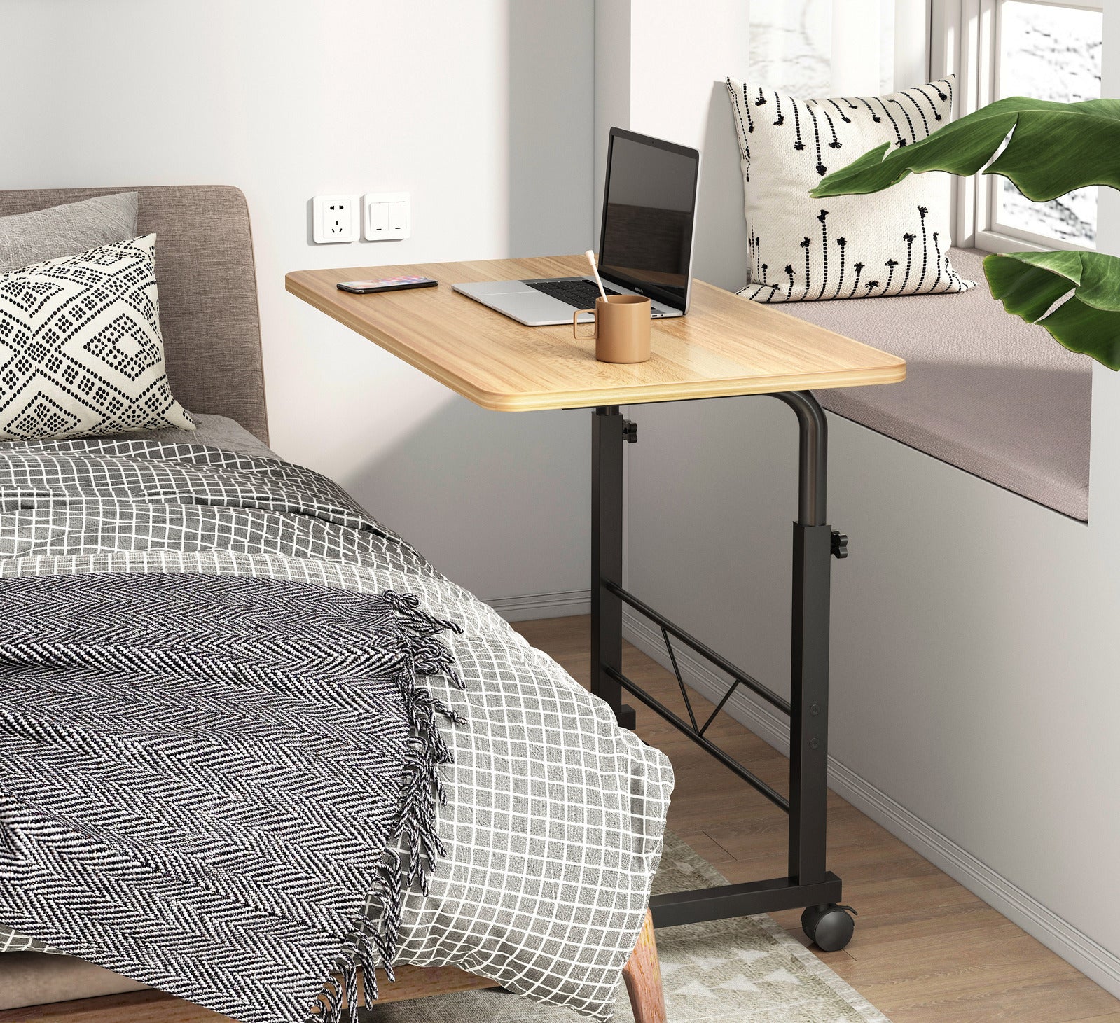 Adjustable Portable Rustic Oak Sofa Bed Side Table Laptop Desk with Wheels