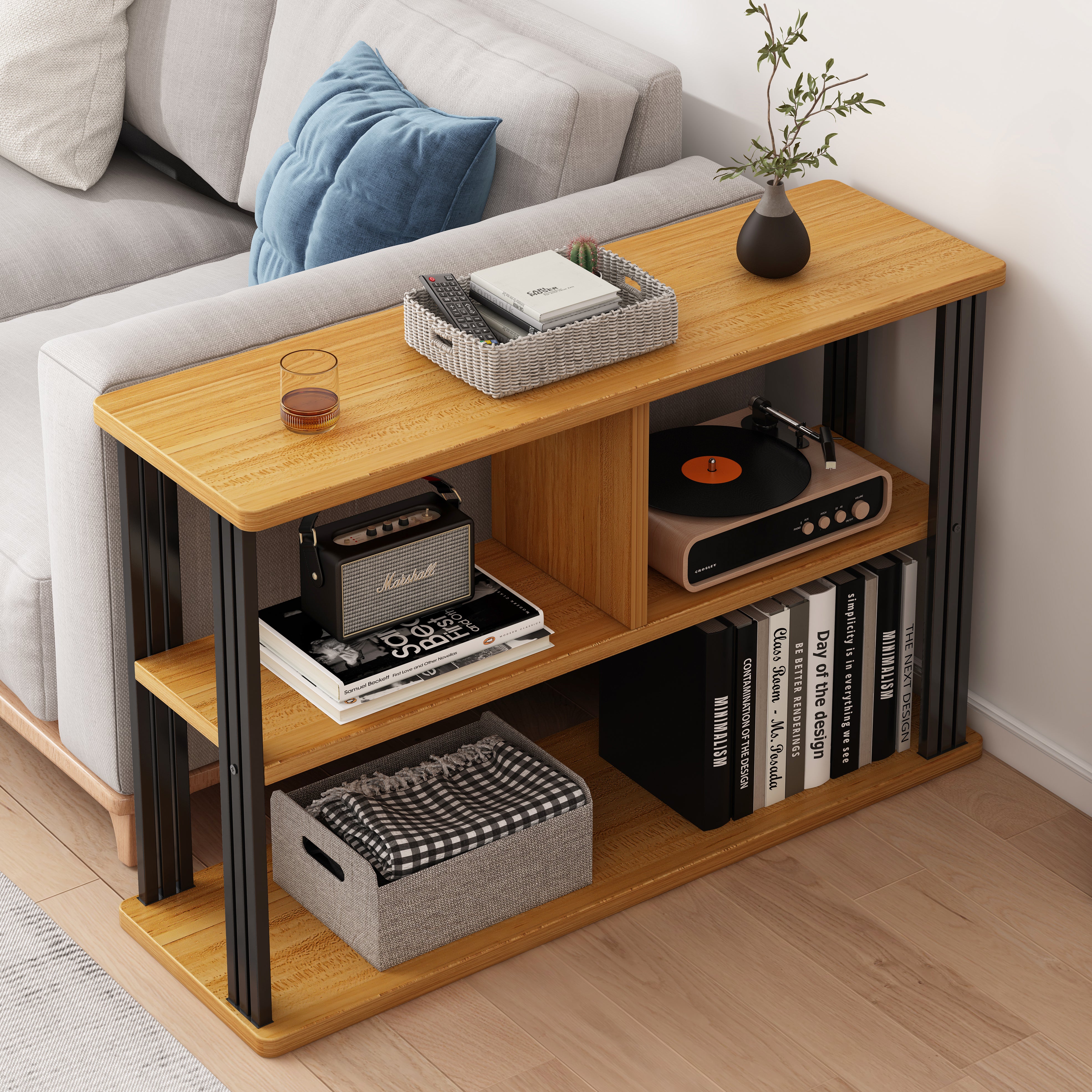 Icon Wood and Steel Sofa Side Table with Shelves (Honey Oak)