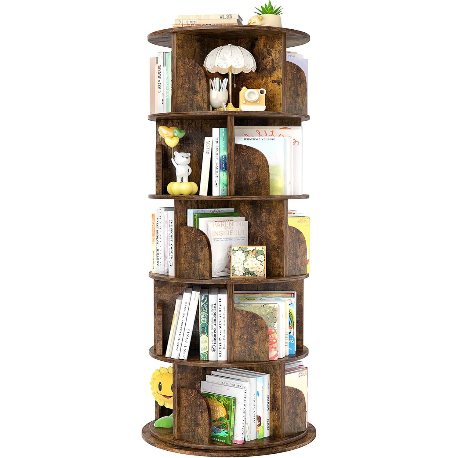 Sanctuary 360-degree Rotating 5 Tier Display Shelf Bookcase Organiser (Rustic Wood)