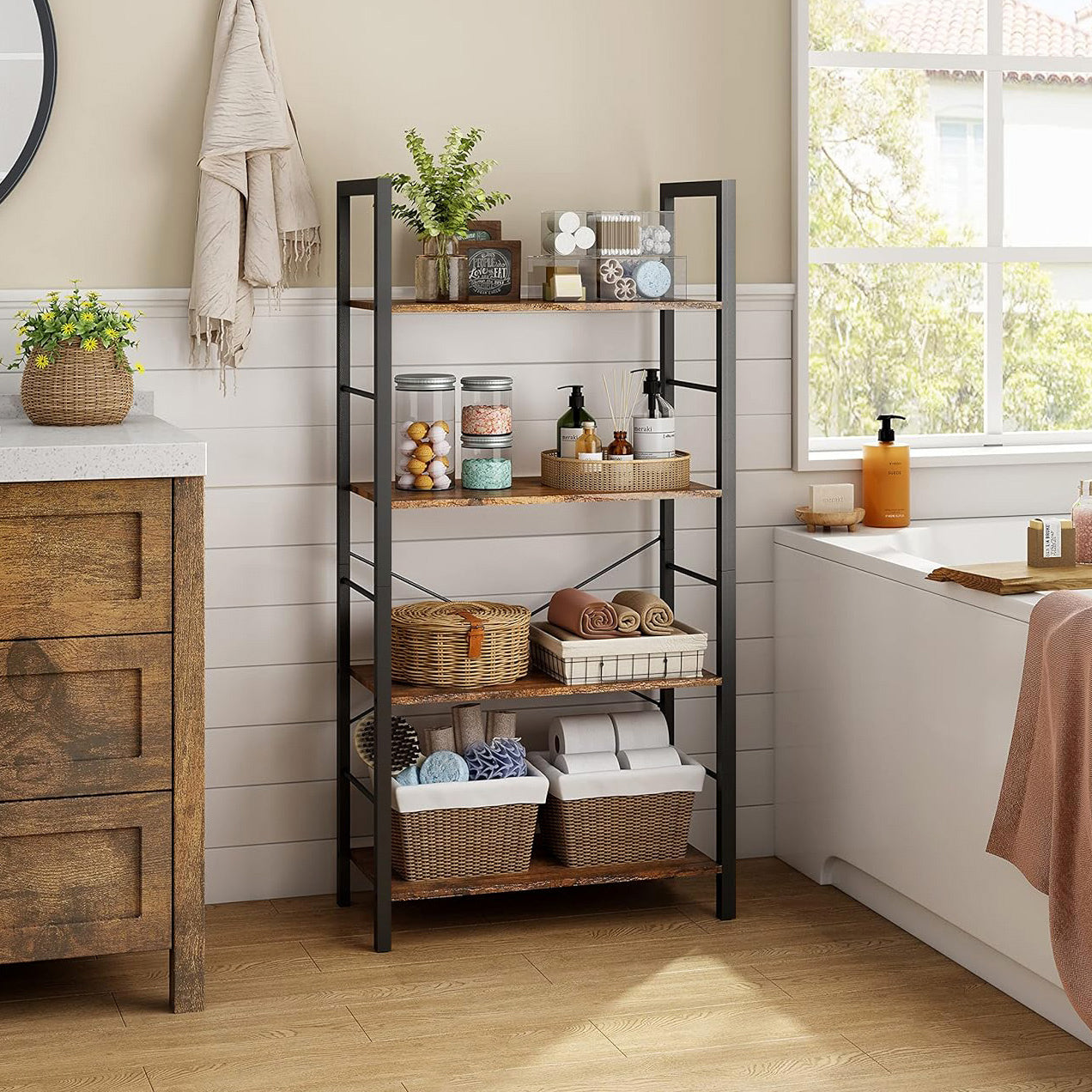 Multifunction Bookcase 4 Tier Rustic Wood & Steel Storage Shelf Organizer