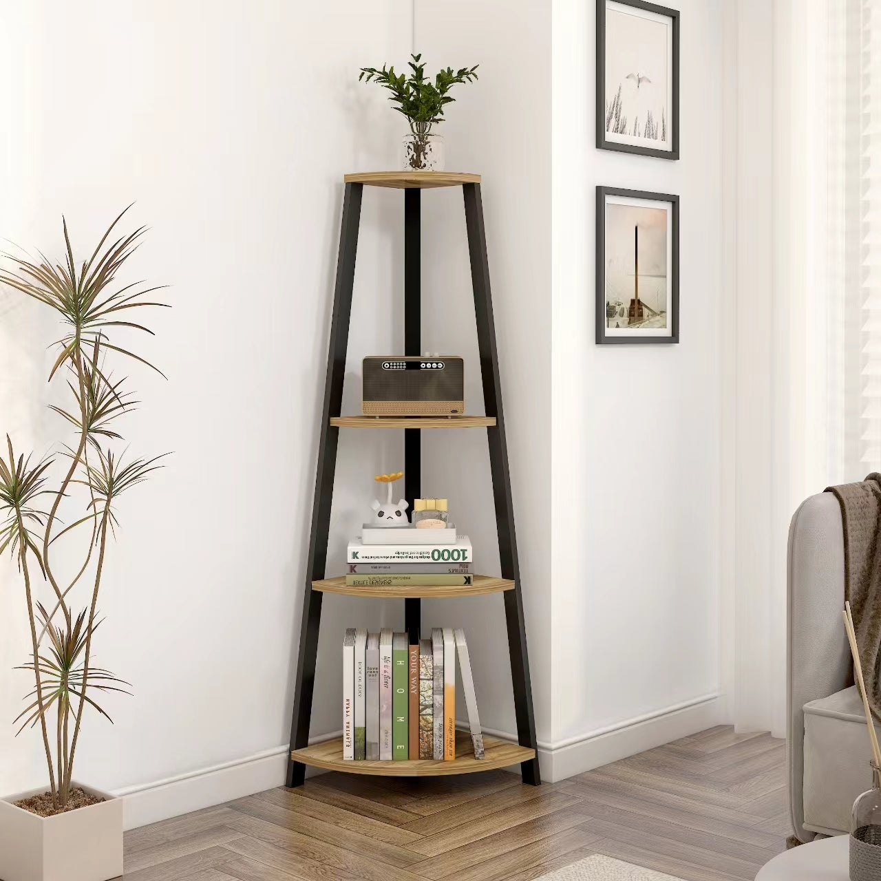 4-Tier Corner Ladder Shelf Unit Rustic Oak Wood & Steel Display Stand Storage Rack