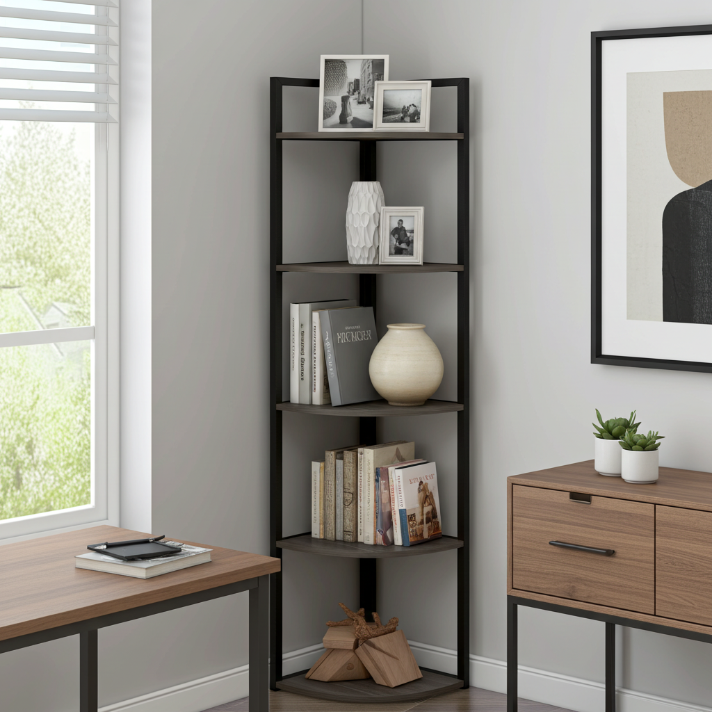 Optima 5 Tier Wood & Steel Corner Shelf Organizer Unit (Driftwood Grey)