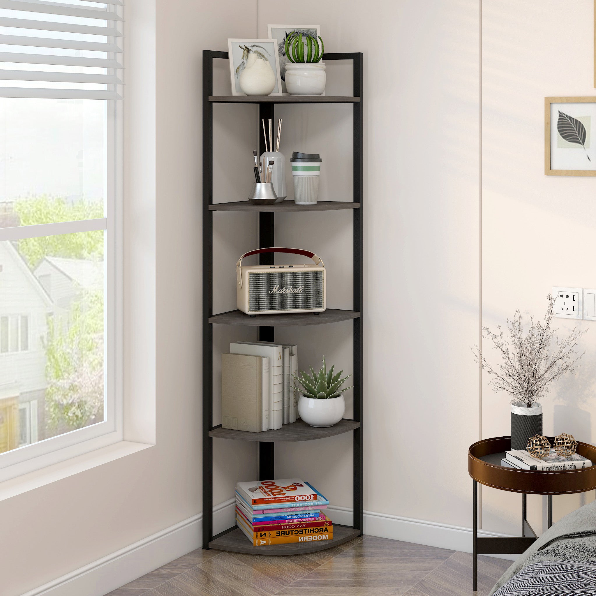 Optima 5 Tier Wood & Steel Corner Shelf Organizer Unit (Driftwood Grey)