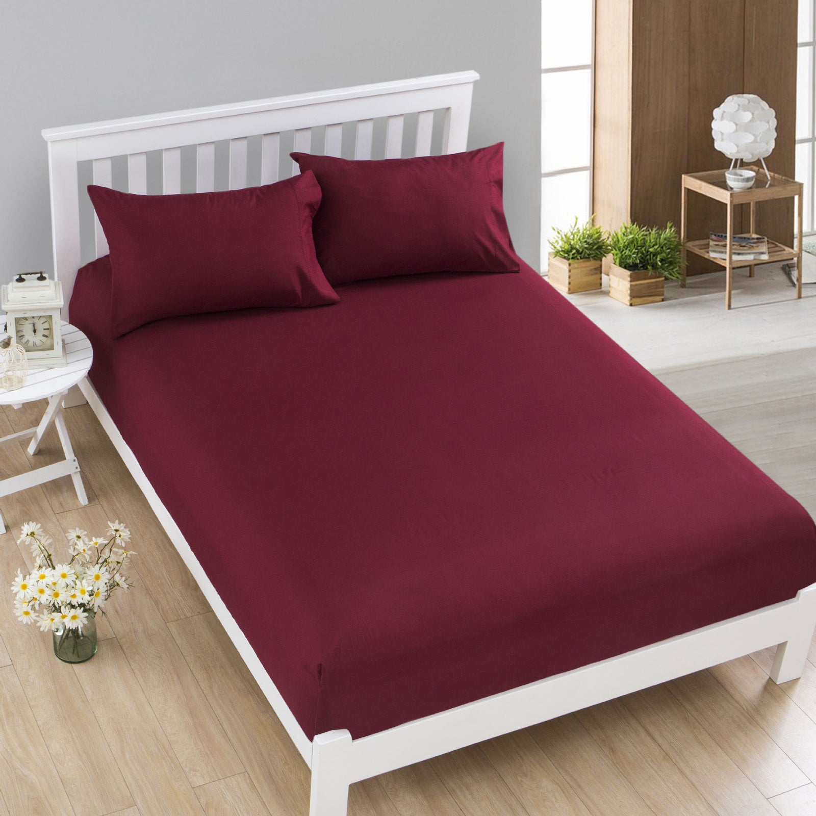 Luxe Home 3-Piece Bed Set Fitted Sheet and Pillowcases - King Size 180cm (Maroon) - grandhubs.shop