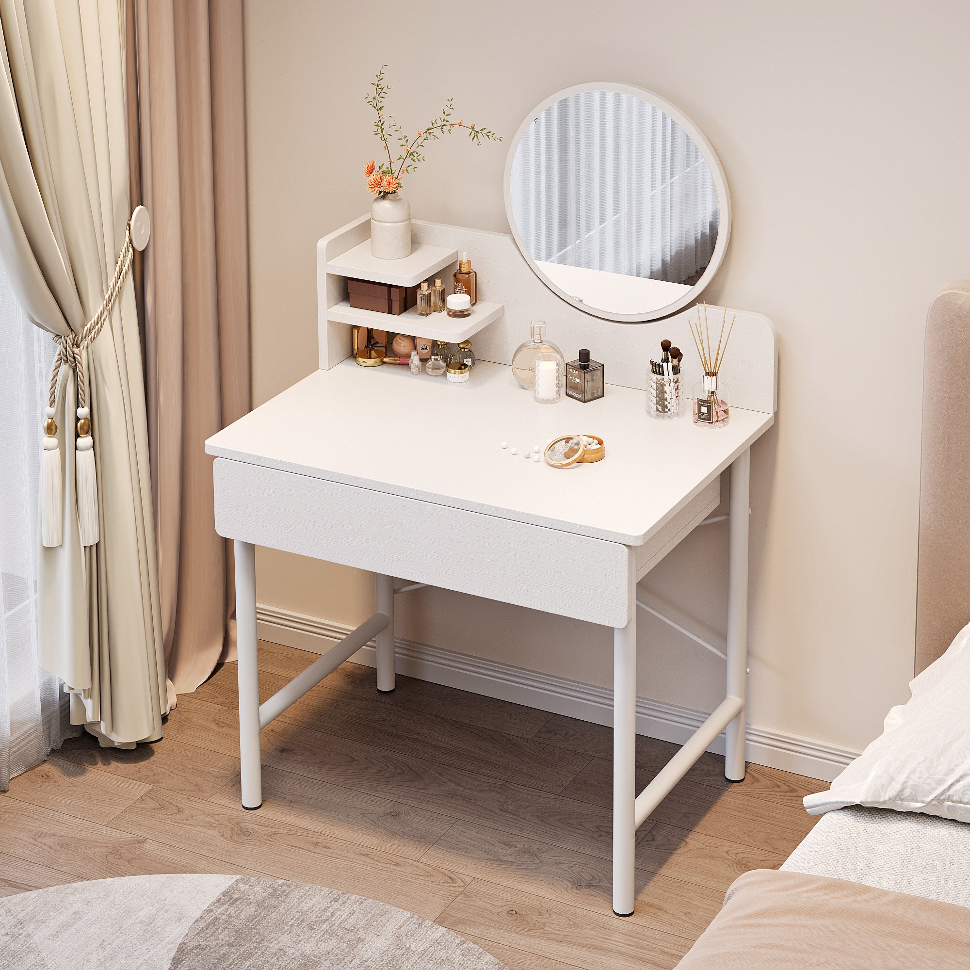 Luxe Dresser Makeup Vanity Dressing Table with Round Mirror Drawer White