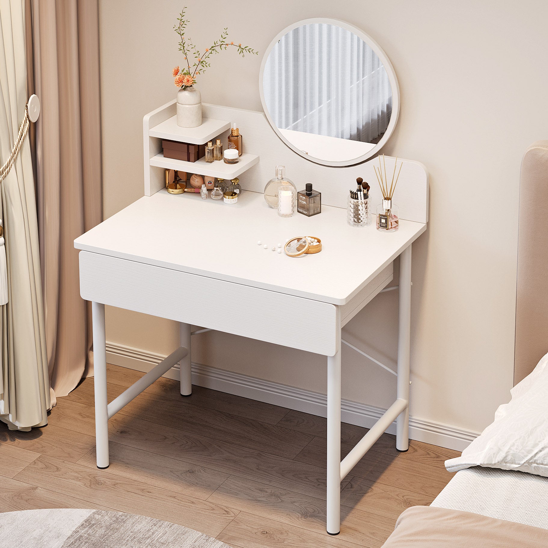 Luxe Dresser Makeup Vanity Dressing Table with Round Mirror Drawer White