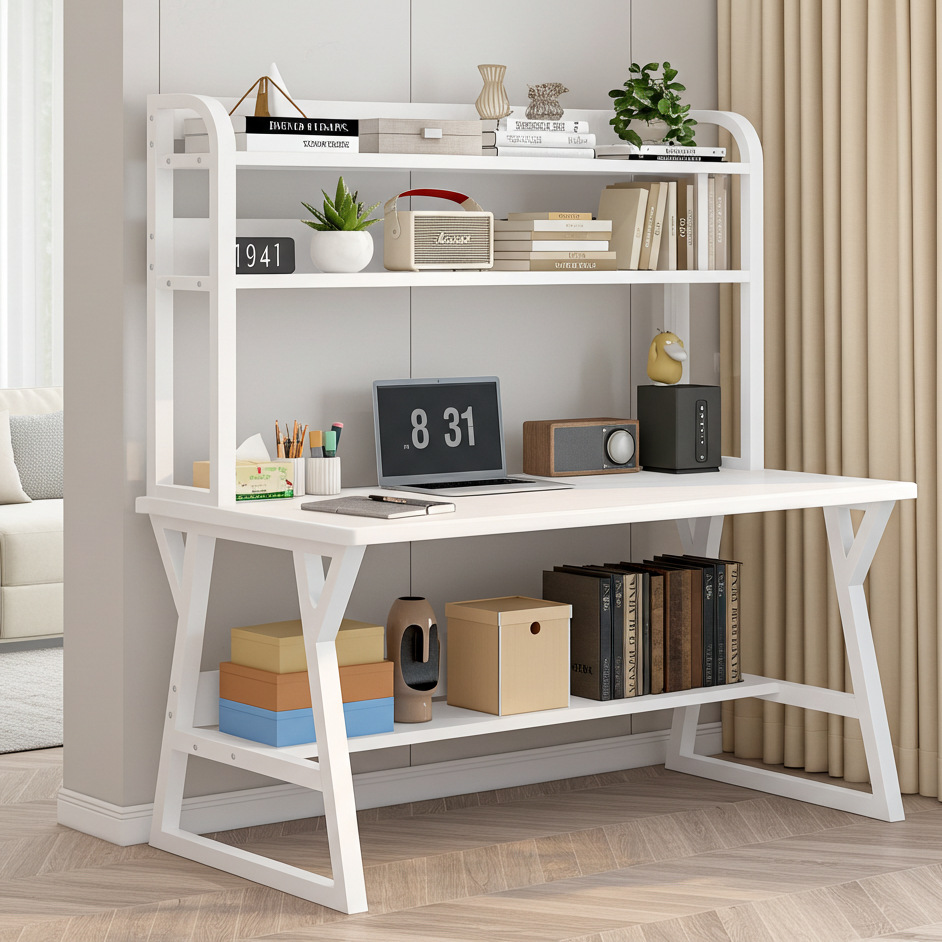 Aspire Large Industrial Office Computer Desk Workstation with Bookshelf (White)