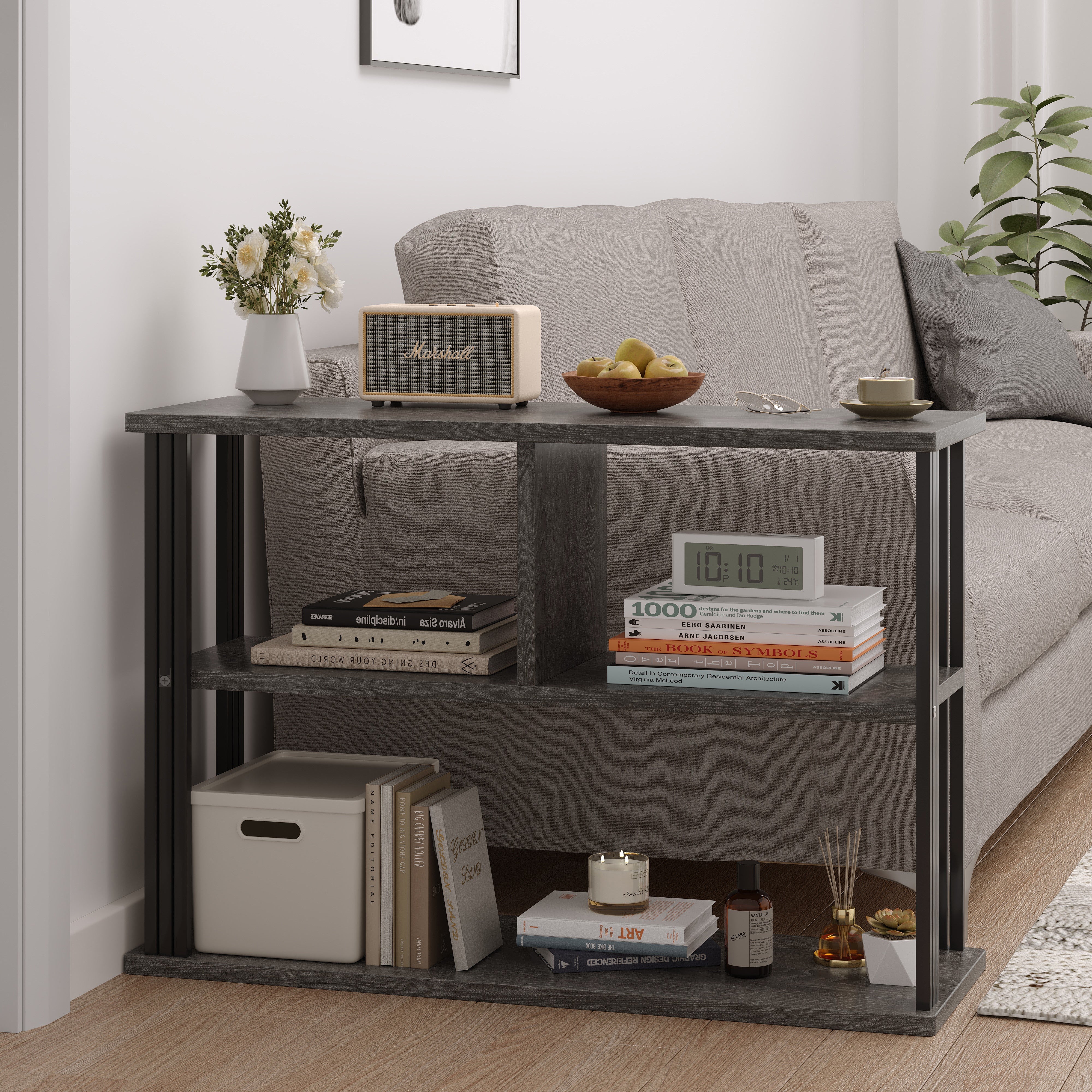 Icon Wood and Steel Sofa Side Table with Shelves (Driftwood Grey)